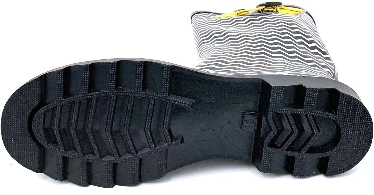 G4U Women's Rain Boots Multiple Styles Color Mid Calf Buckle Fashion Rubber Knee High Snow Shoes (10 B(M) US, Black/White Chevron)