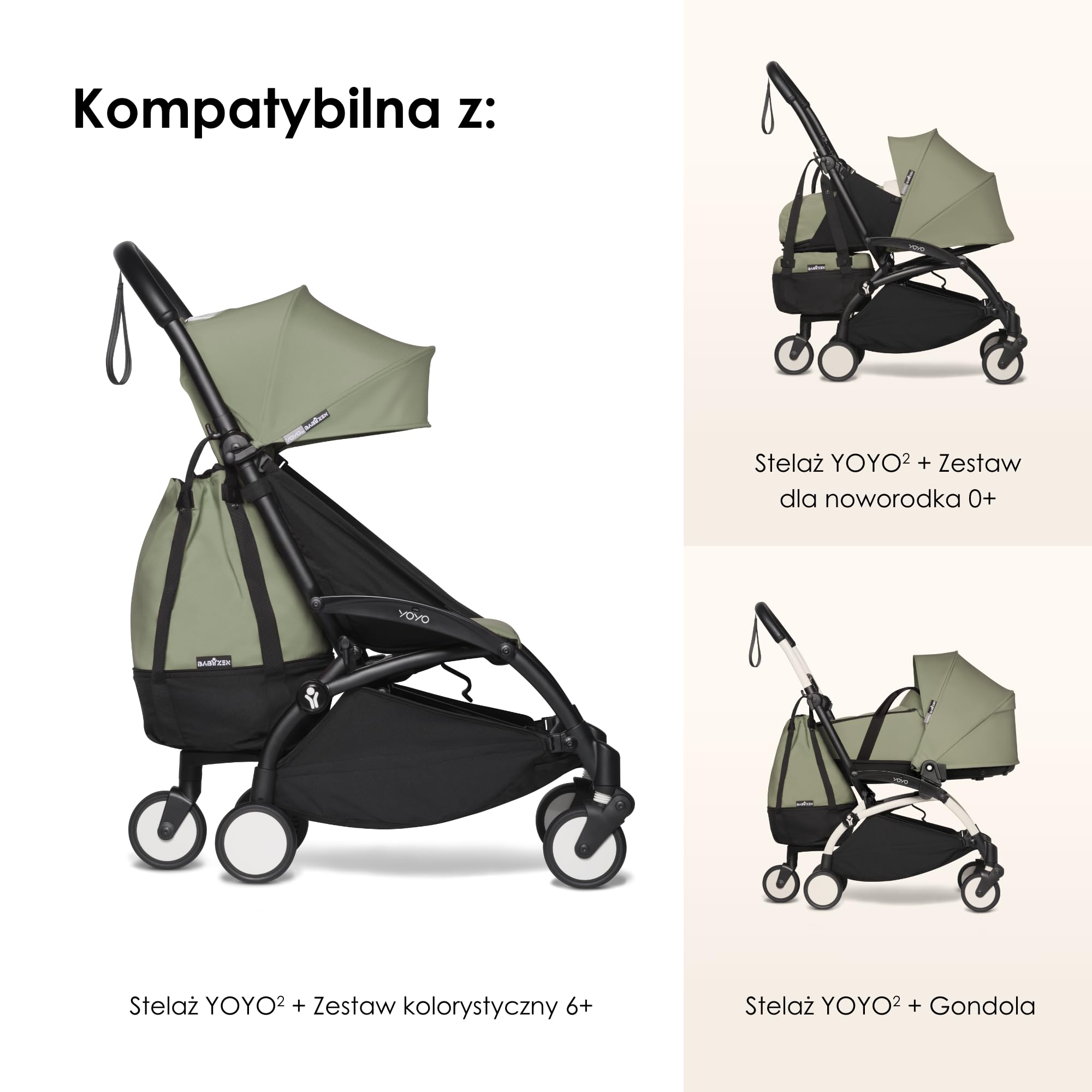 Torba BABYZEN YOYO, Oliwkowa - zapewnia dodatkowe, solidne miejsce do przechowywania rzeczy na wózku YOYO2 - zawiera koło i haczyki