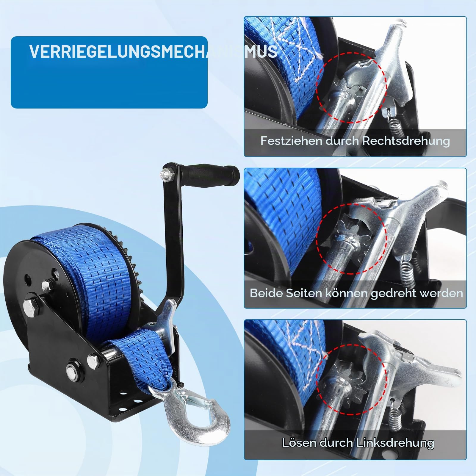 EXLECO Handseilwinde 1080kg Seilwinde 4:1, 10m Polyester Gurt mit Haken