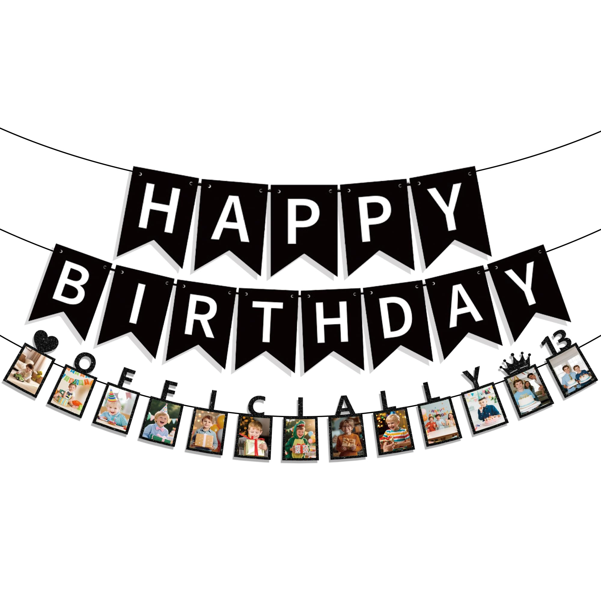 13th Birthday Decorations Boy Banners - 3 Pcs Black Teenager Happy Birthday Banner Officially 13 Photo Banner Picture Decoration Photo Display Bunting for 13 Years Old Boys Party Wall Decor Supplies