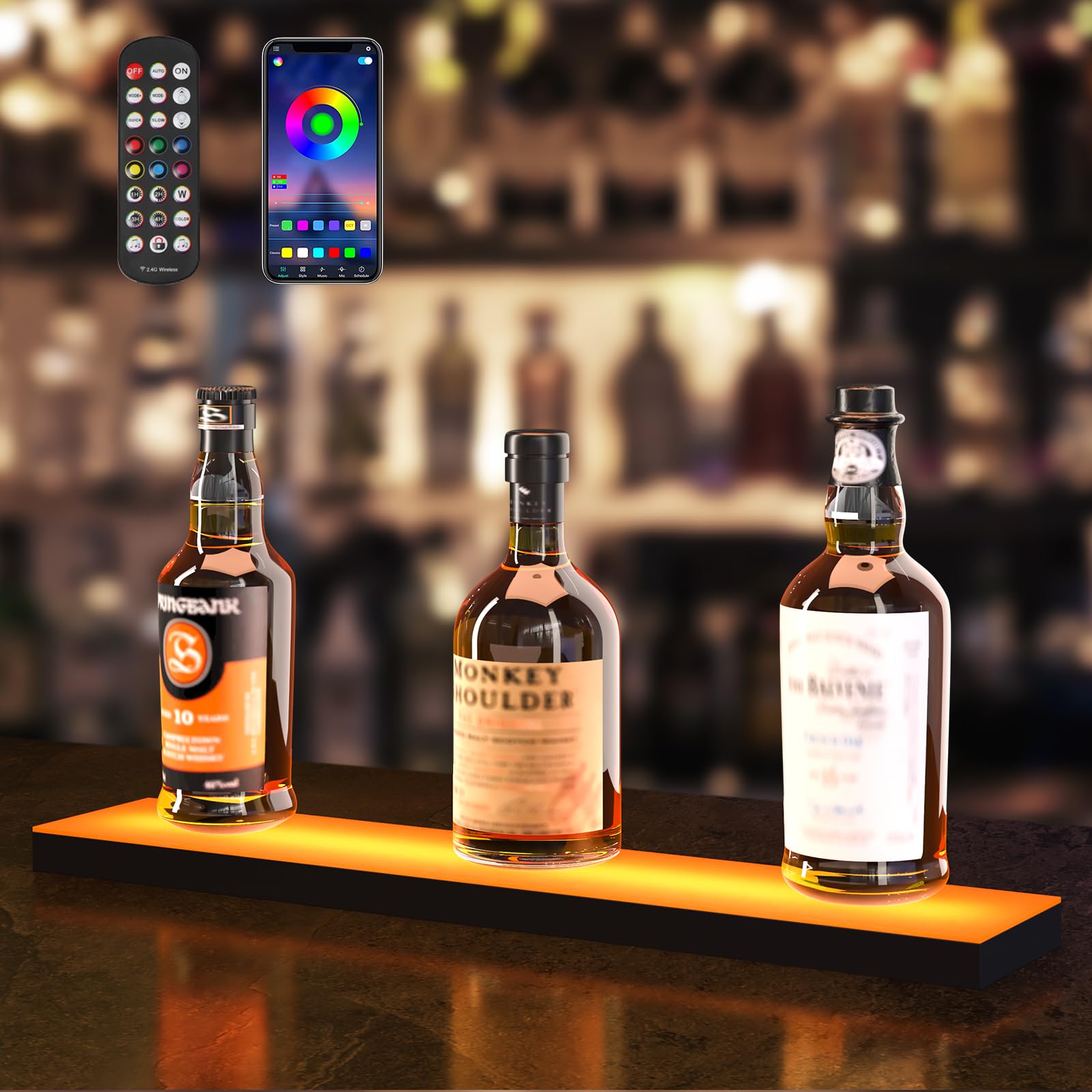 VEVOR LED Lighted Liquor Bottle Display, 1 Tiers 16 Inches, Supports USB, Illuminated Home Bar Shelf with RF Remote & App Control 7 Static Colors 1-4 H Timing, Acrylic Lighted Shelf for 6 Bottles