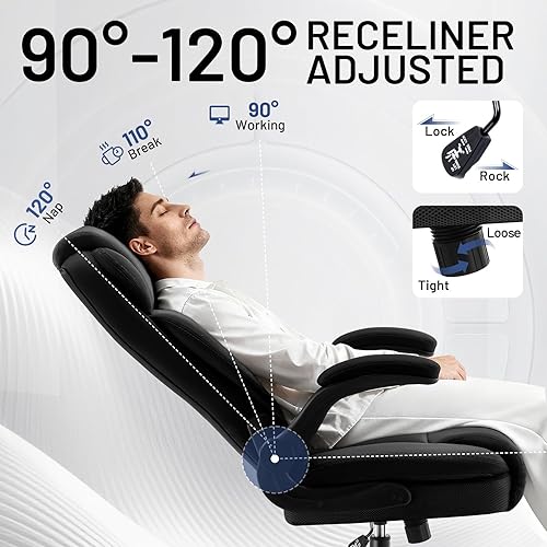 Miniatura 5 de Silla ejecutiva ergonómica con reposacabezas de respaldo alto, silla de escritorio ejecutiva de piel sintética, reposabrazos abatibles acolchados,