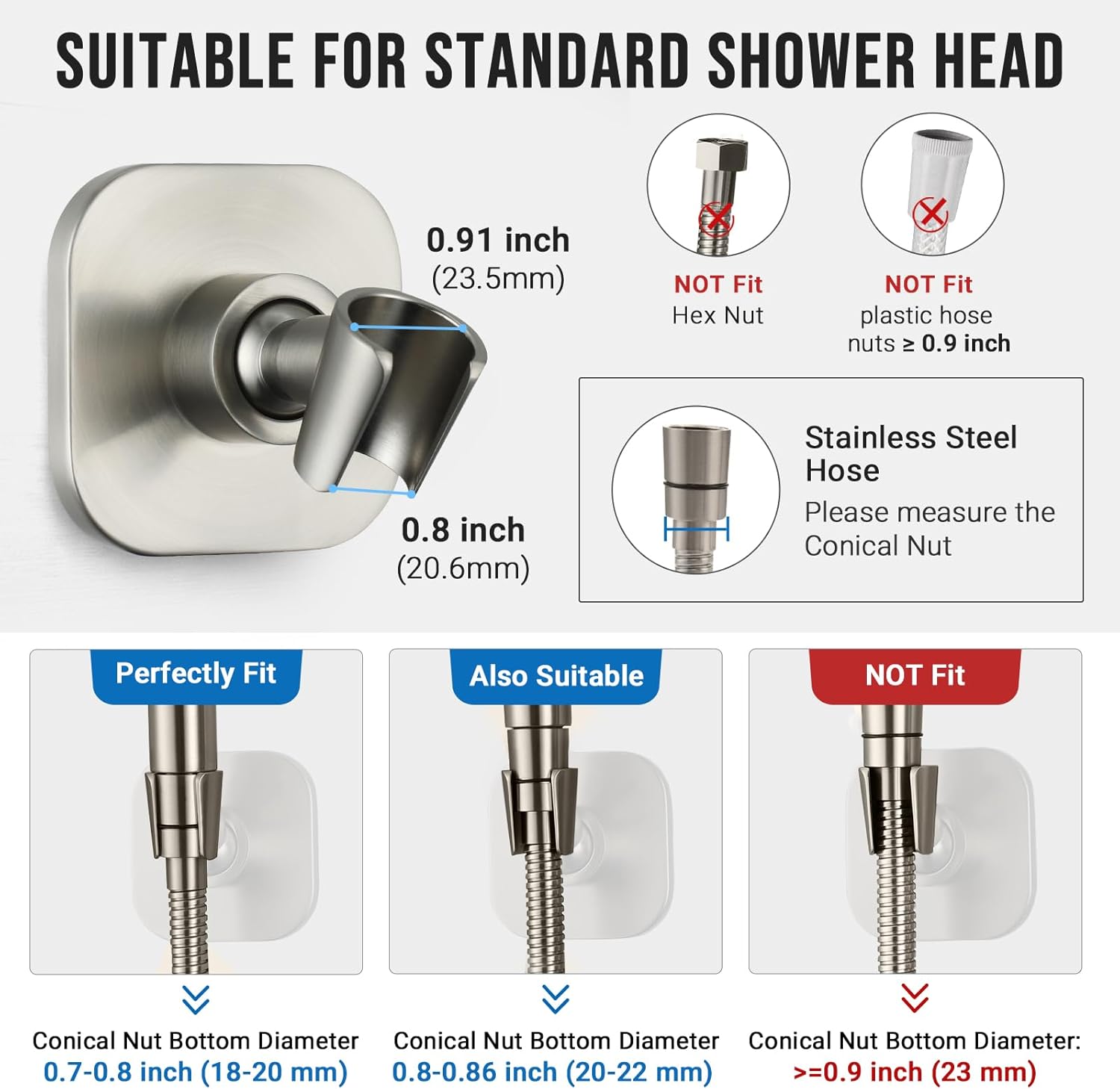 G-Promise Metal Handheld Shower Head Holder, Adjustable Wall Mount Shower Wand Bracket, Strong Adhesive Disc Mount or Drill Installation (Square, Brushed Nickel)