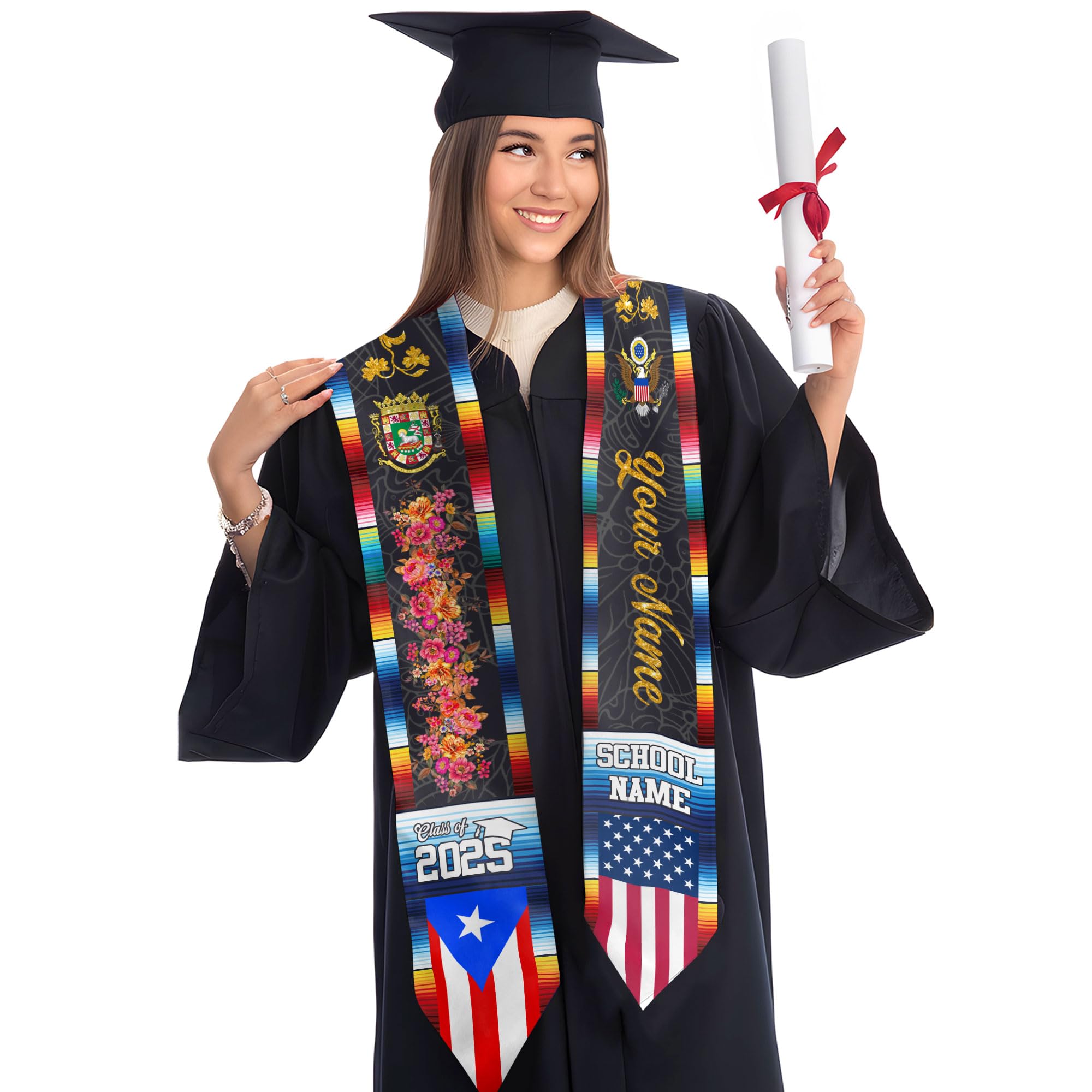 MonkeyVan Custom Puerto Rican Graduation Stole, Puerto Rico Graduation Sash, Puerto Rico American Flag Grad Sash Class Of 2025 Pr 15