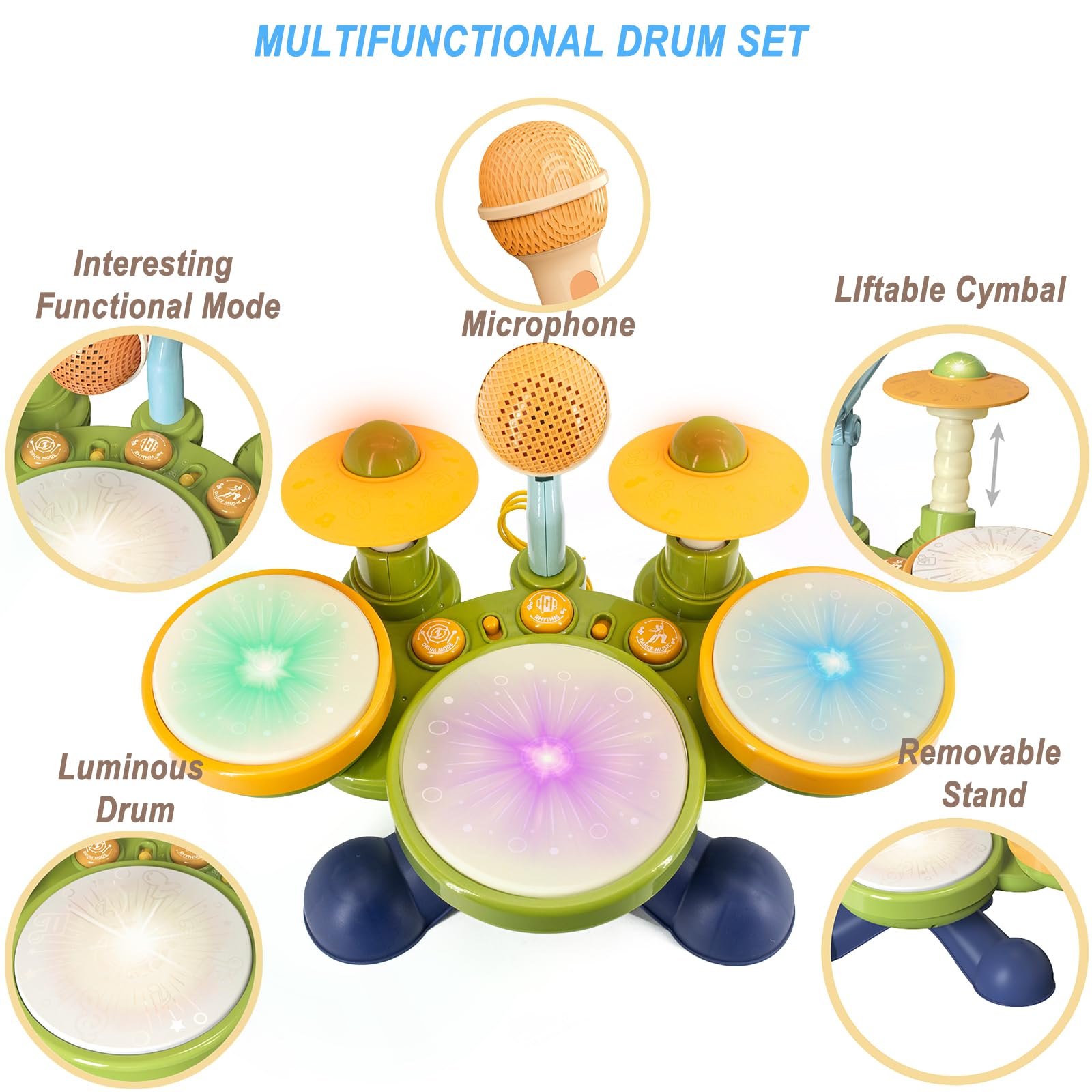 Batería Musical Con Luces Para Niños – Set De 4 Tambores Con Micrófono Y Soporte, Juguete Educativo De Ritmo