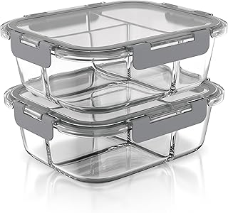 Arendo - Lunchboxen Glas - 3 Fächer - Frischhaltedosen für Lebensmittel mit Deckel luftdicht - 2er Set - 1000 ml - für Mikrowelle Ofen Gefrierschrank - Spülmaschinen geeignet - Vorratsdosen Meal Prep