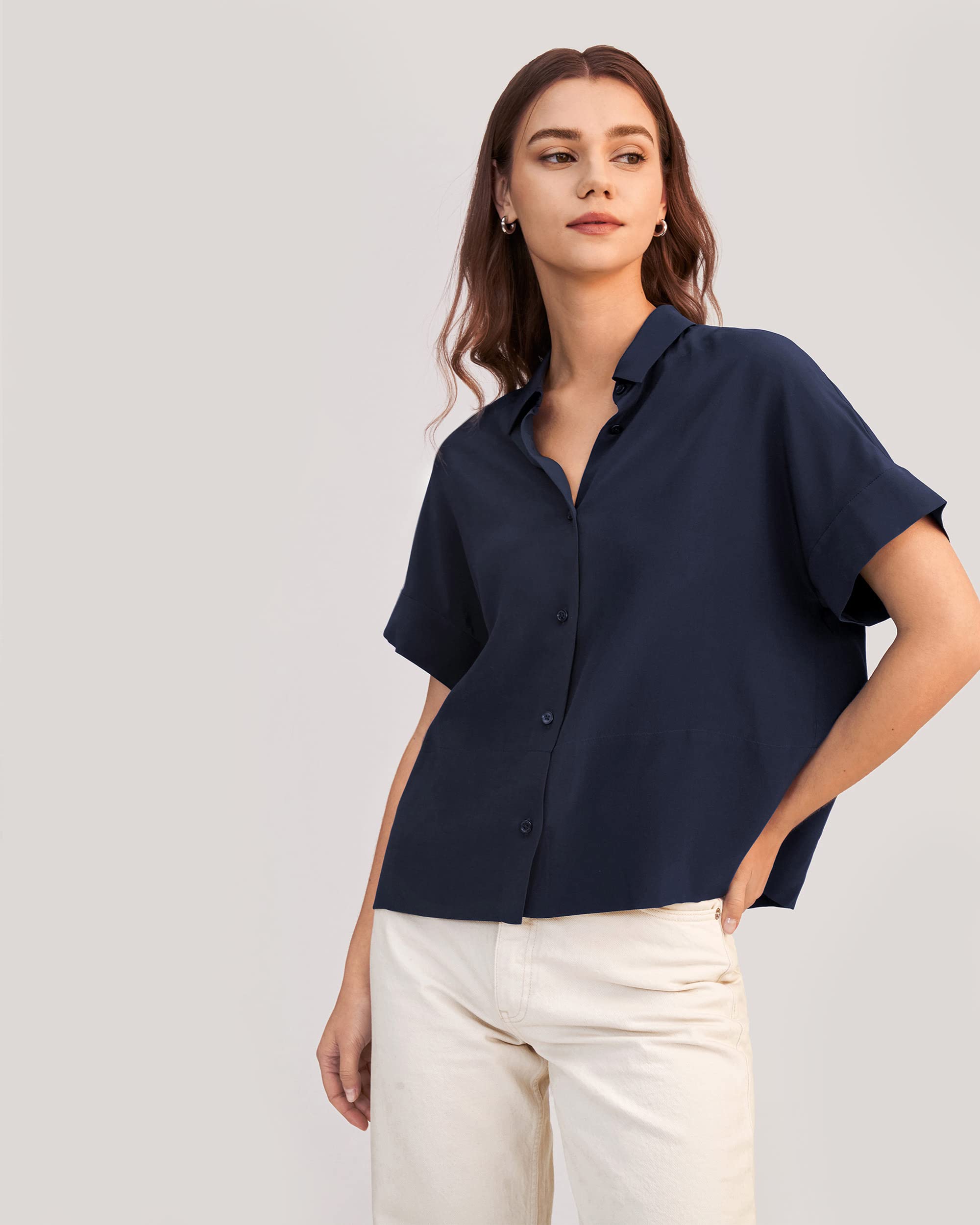 LilySilk Lässiges Lockeres Seiden T-Shirt mit kurzen Ärmeln Damen Seiden Blusen Tops Shirt Seidenhemd Kurzarm Hemdbluse Einfarbige Tops Frauen