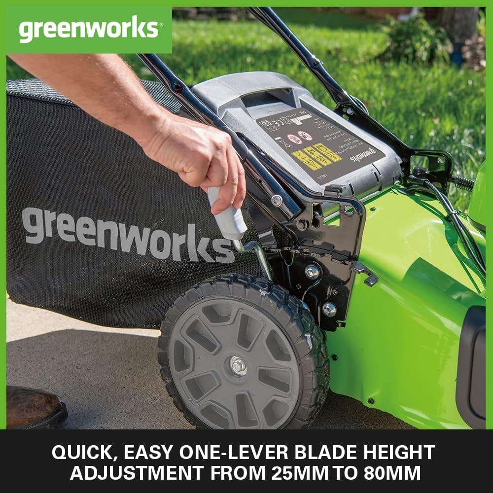Close-up of the mower's wheel and deck, highlighting the one-lever blade height adjustment mechanism.