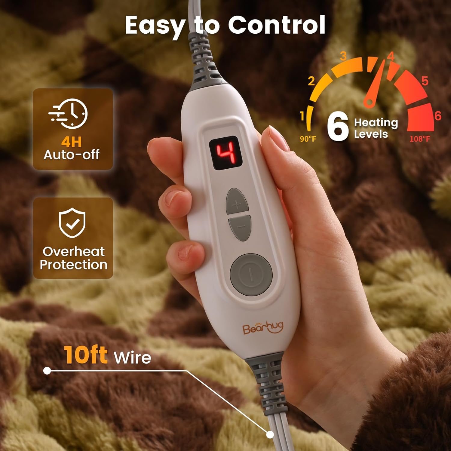 Bearhug Heated Throw Blanket, 50" × 60" Electric Throw, Faux Fur & Warm Sherpa, 4h Auto-Off Timer & 6 Heating Levels,ETL Certified, Machine Washable, Gift Box Packaging - Image 4