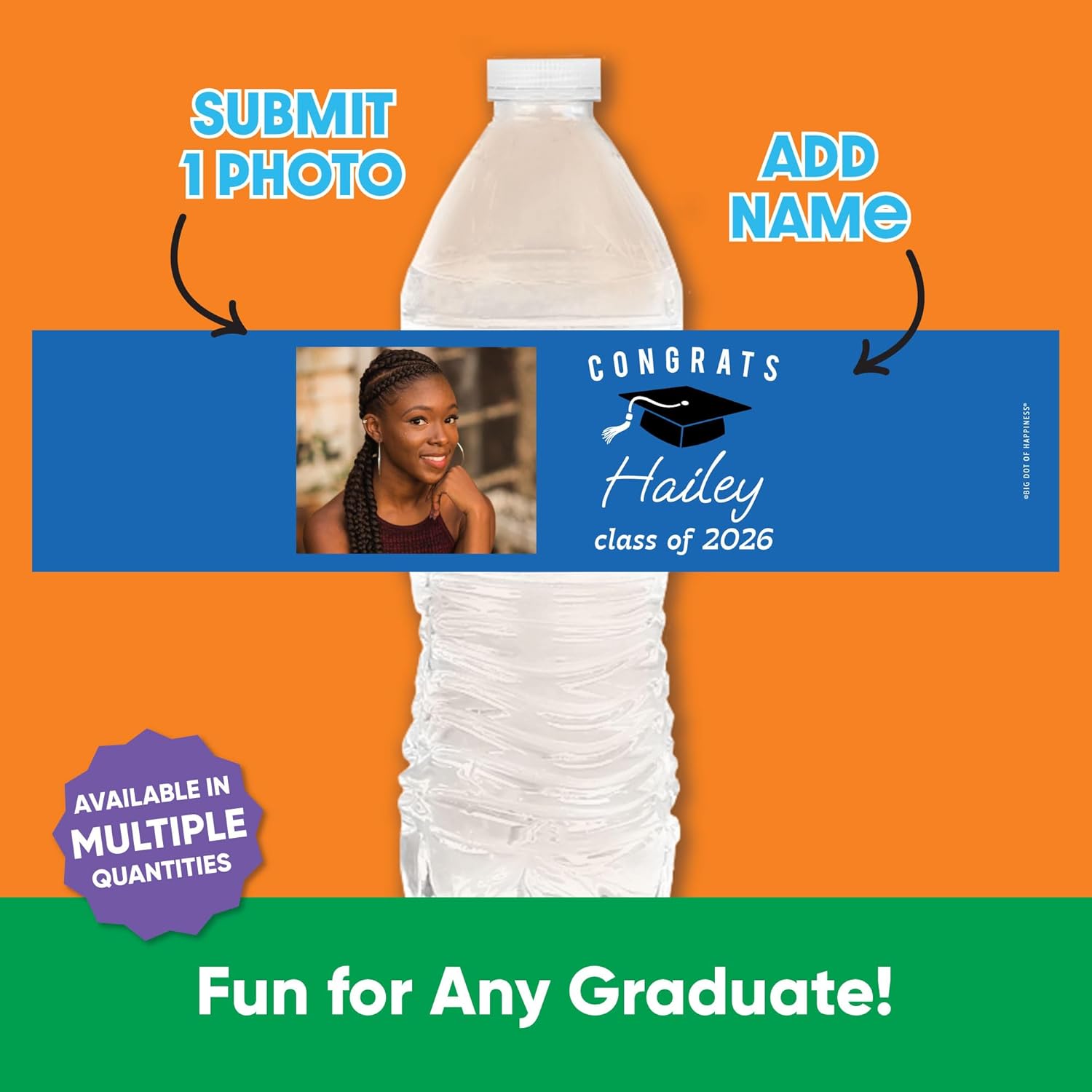 Big Dot of Happiness 100 Blue Personalized Graduation Water Bottle Labels, Custom Photo & Name, Class of 2026 Grad Party Favors, Set of 100 Waterproof Water Bottle Sticker Labels