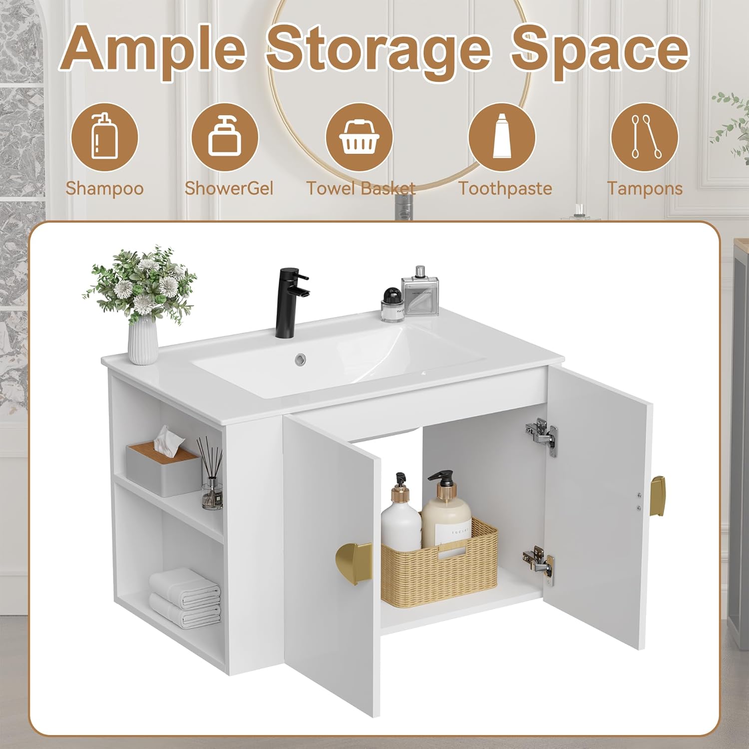 Findepot 30" Bathroom Vanities Cabinet with Sink Combo, Wall Mounted Floating Storage Cabinet Modern with Ceramic Sink,Open Storage Left Shelf, Soft-Close System, 2 Doors & Metal Handles, White