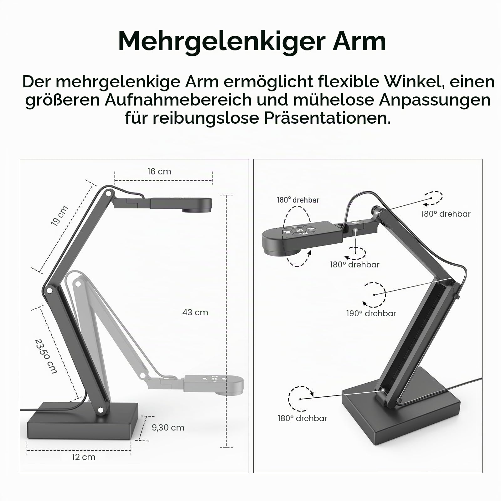 12MP Dokumentenkamera Schule, 4K Visualizer für Klassenzimmer - A3-Format, LED Licht, MIC, Drehen, Spiegeln, Mac OS, Windows - Chromebook für Fernunterricht, Webkonferenzen & Live-Demos