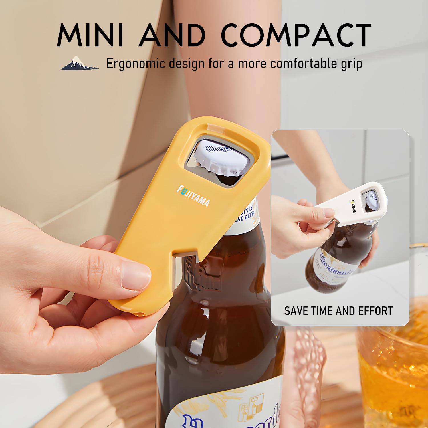 Abrebotellas Magnético 3 en 1 de Acero Inoxidable, Destapador Personalizado Forma Monte Fuji para Nevera - Amarillo