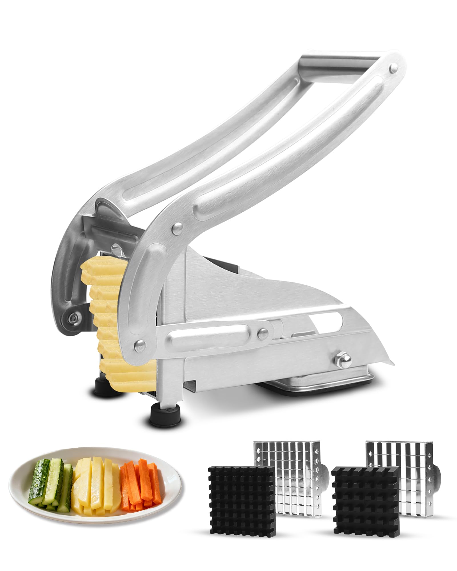 Flearitzo Chip Cutter,Potato Cutter,French Fry Cutter with 2 Size Blades(1/2 and 1/3 Inch),Professional Stainless Steel Potato Chipper Slicer with Non-Slip Suction Base for Homemade Chips and Fries