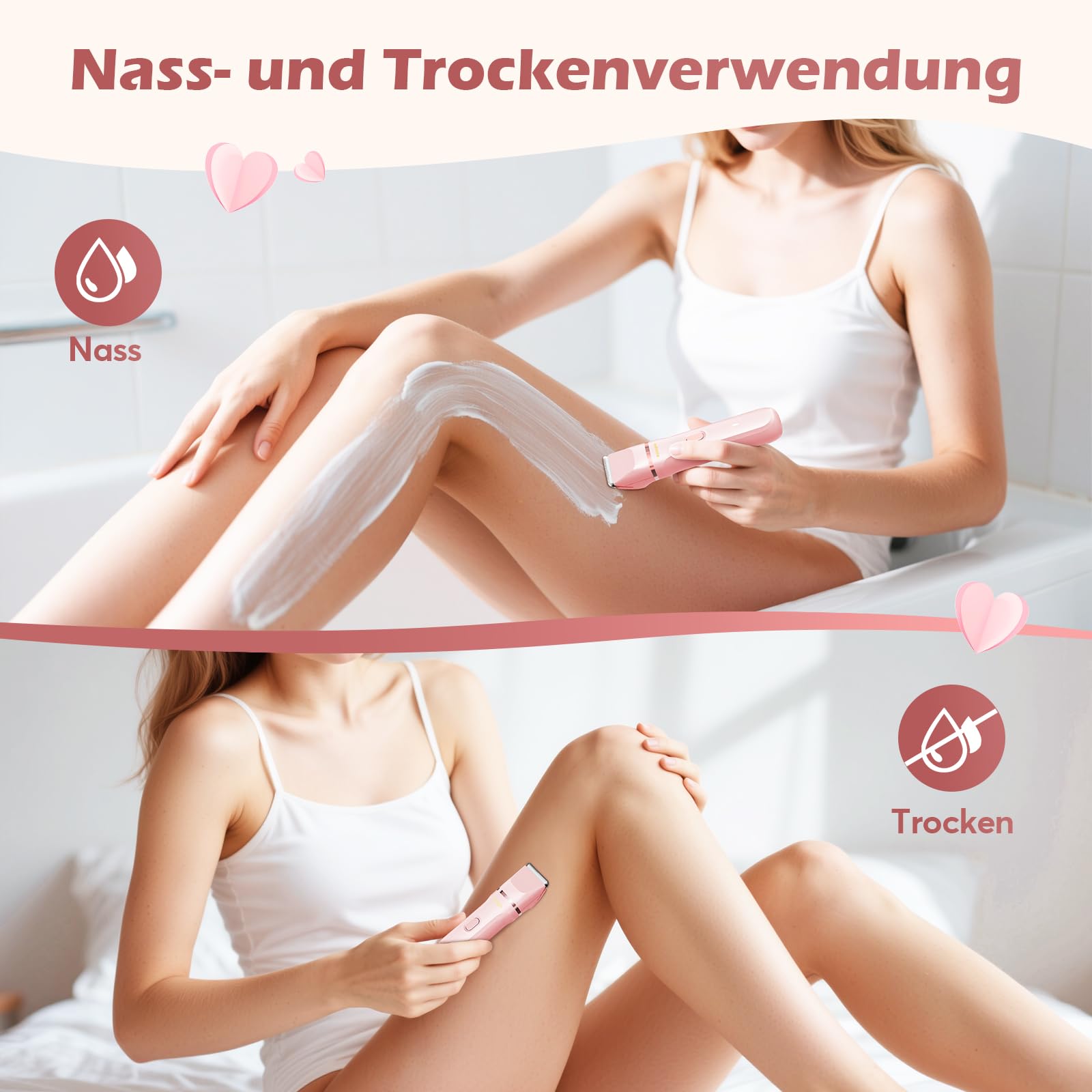 Intimrasierer für Frauen, Elektrischer Rasierer Damen mit 3 Aufsätzen, kabelloser und wiederaufladbarer Trimmer Damen für Intimbereich, Gesicht und Beine, Hautschonend & sanft(Rosa)