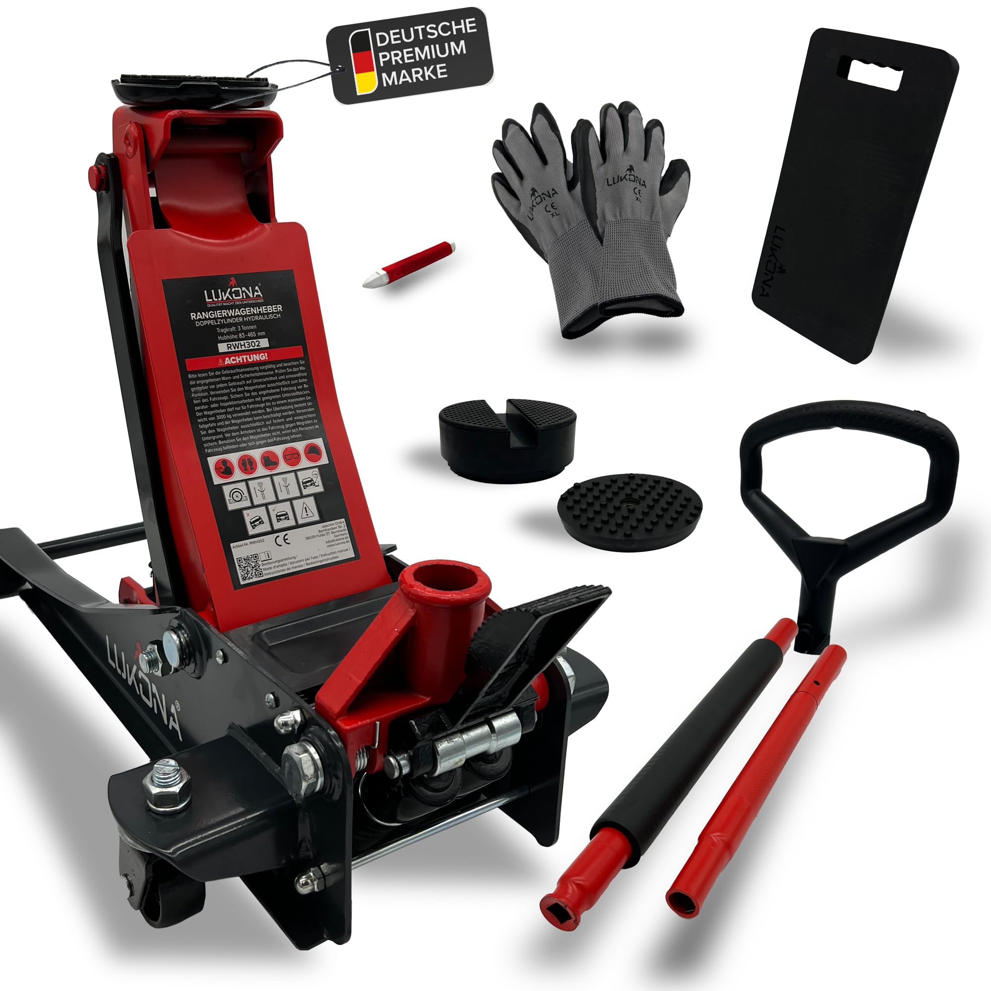 Gato hidráulico 3T (83 – 500 mm) – Pedal extra – Mango en D – Incluye pasador de neumático, rodilleras y guantes – Gato hidráulico para coche (rojo)