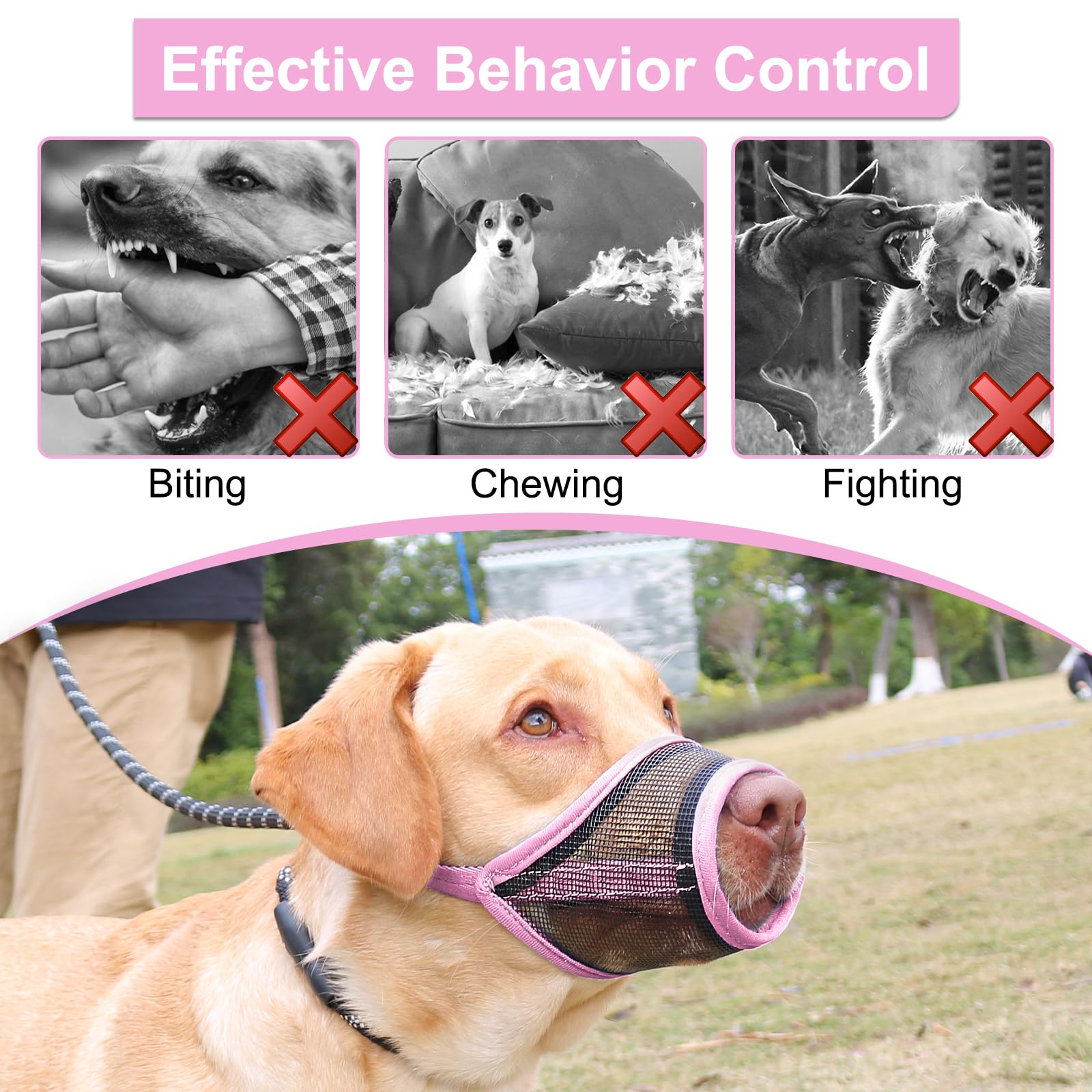 LUCKYPAW Bozal para perro, bozal de malla para perros pequeños y medianos, cubierta bucal suave para evitar mordeduras, protector bucal ajustable y transpirable para cachorros (rosa, S)