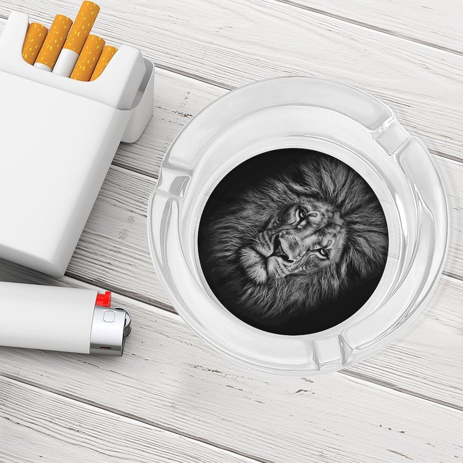 Round Ash Tray for Cigarette Black And White Lion Head Glass Ashtrays Decorative Ashtray for Home Office Patio Outdoor