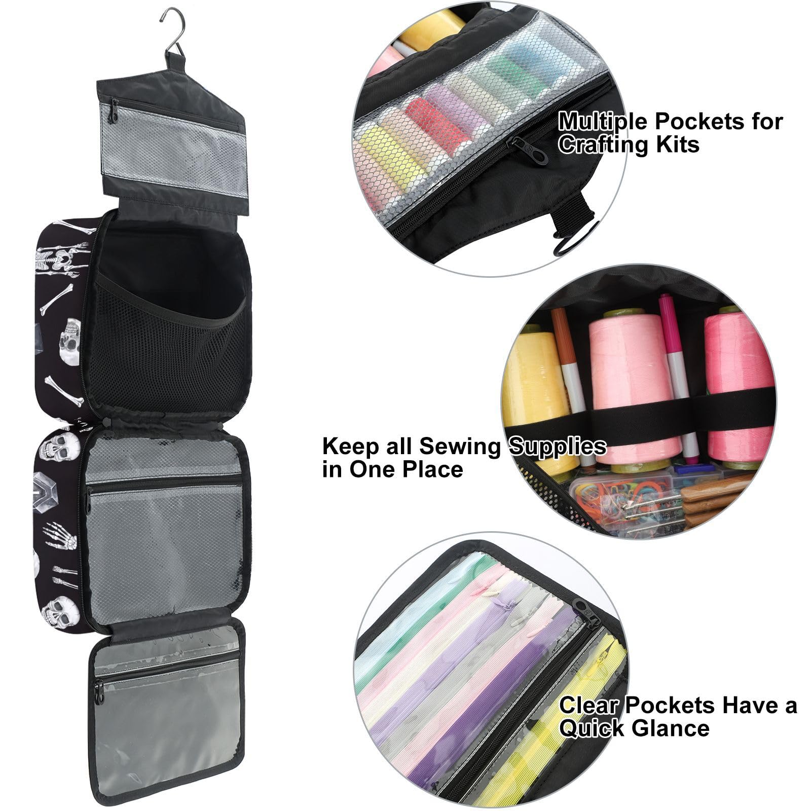 YNNALE Sewing Supply Organizer Bag, Gothic Skull Skeleton Coffin Black Portable Sewing Bags with Pockets&Hanger, Sewing Storage Box Case for Sew Supplies/Kit/Tools/Accessories (BAG ONLY)