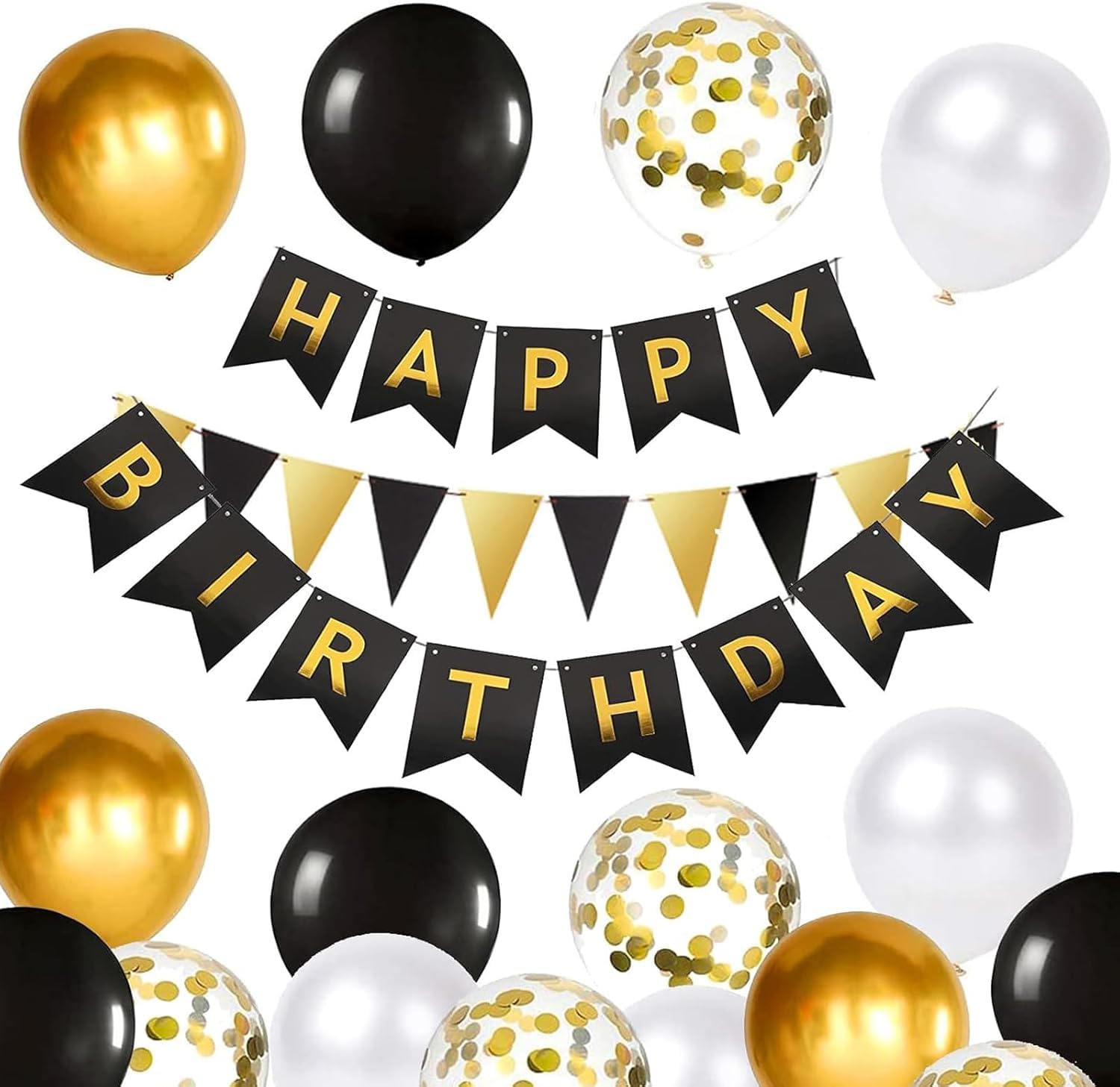 Happy Birthday bunting Banner balloons, Black and gold Birthday Decoration 16pcs Happy Birthday Balloons, Ribbons and Birthday Banners, Happy Birthday Decorations（BK+GD+PT）