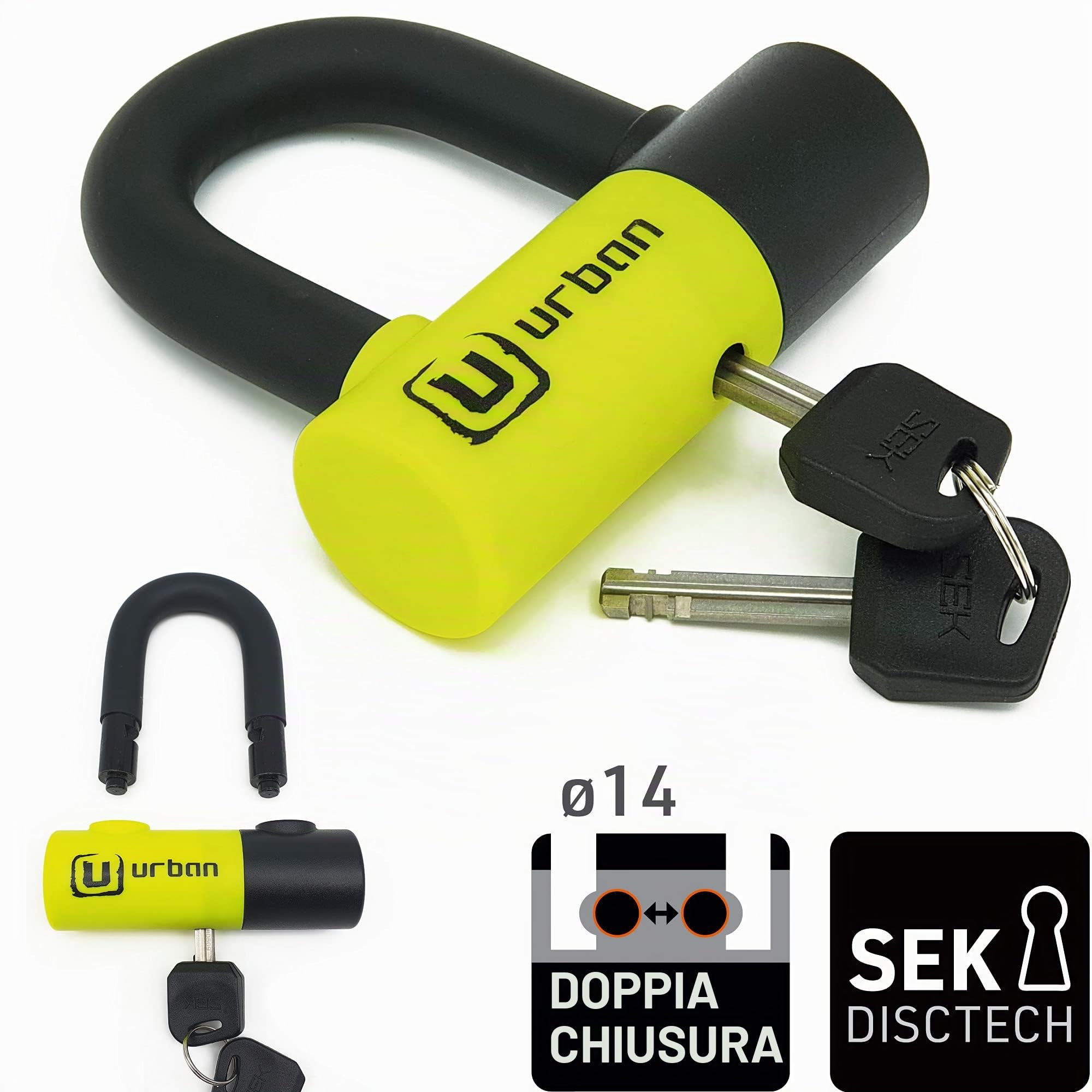 URBAN UR59K100 - Antifurto per moto, catena ad alta sicurezza, in acciaio speciale temprato da 13,5 mm e solido lucchetto Mini U da 14 mm, per moto, scooter e bicicletta elettrica, 100 cm, nero/giallo