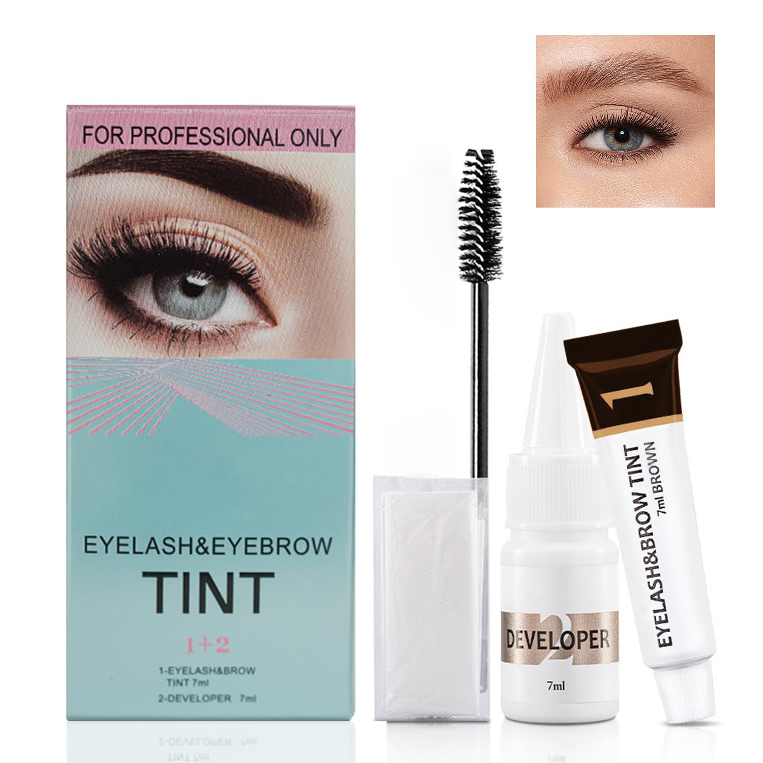 Brown Professional Eyelash & Brow Tint Kit, Salon-Use Waterproof Mascara Dye with Fine Wand for Long-Lasting