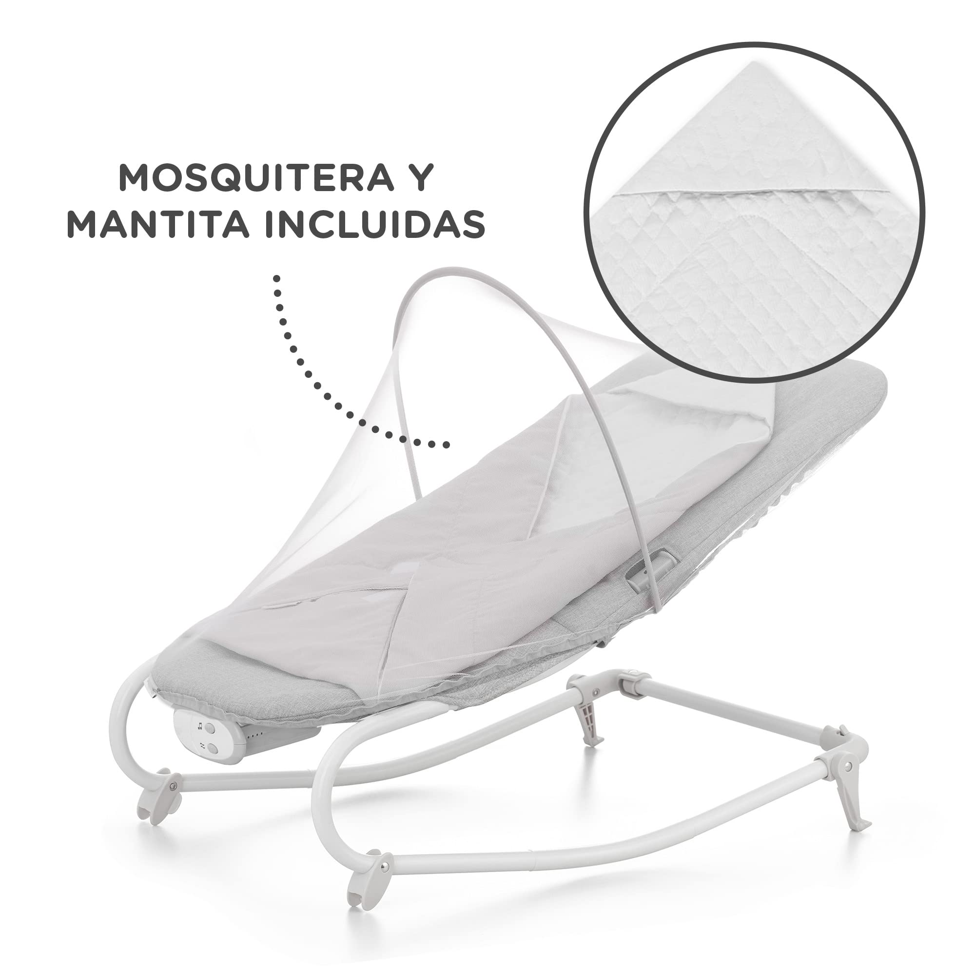 Kinderkraft FELIO2 Hamaca Bebé, Balancín, Silla mecedora con manta envolvente, mosquitera y arco con 3 juguetes, vibraciones, 8 músicas, extremadamente ligera, Gris