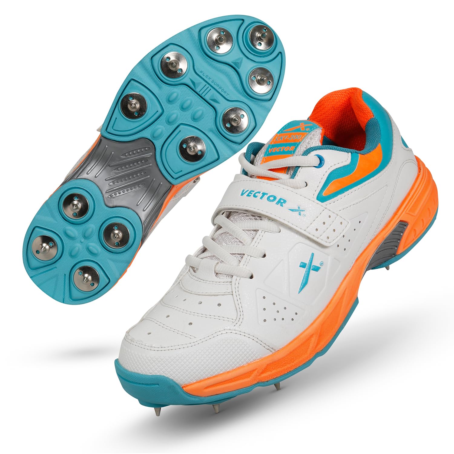 Vector X CKT- 200 Full Spike Cricket Shoes for Men PU Material Breathable Mesh Professional Field and Track Shoes (White-Blue-Orange, Size-7)-image-49