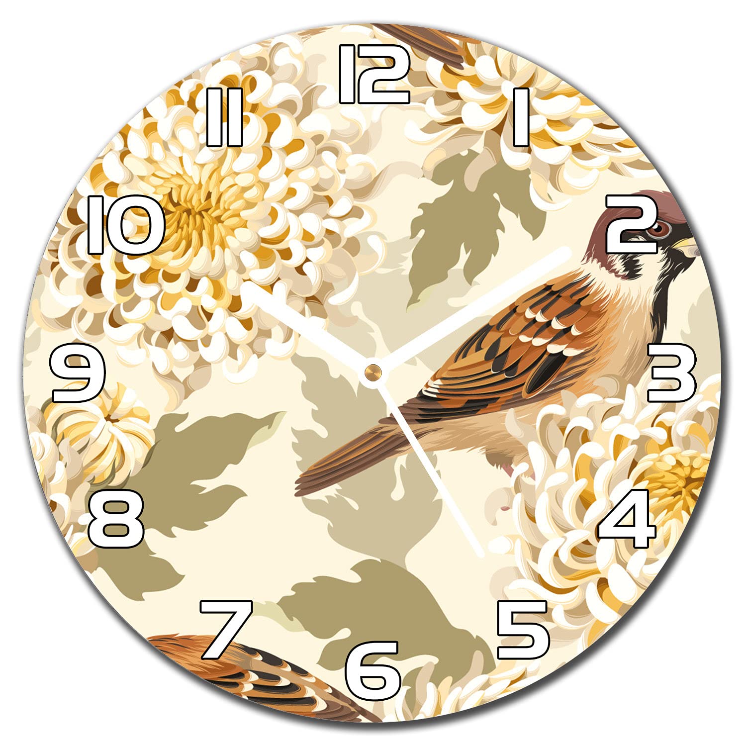 Horloge murale en verre moderne fleurs et oiseaux gold idéale pour salon chaleureux et cuisine