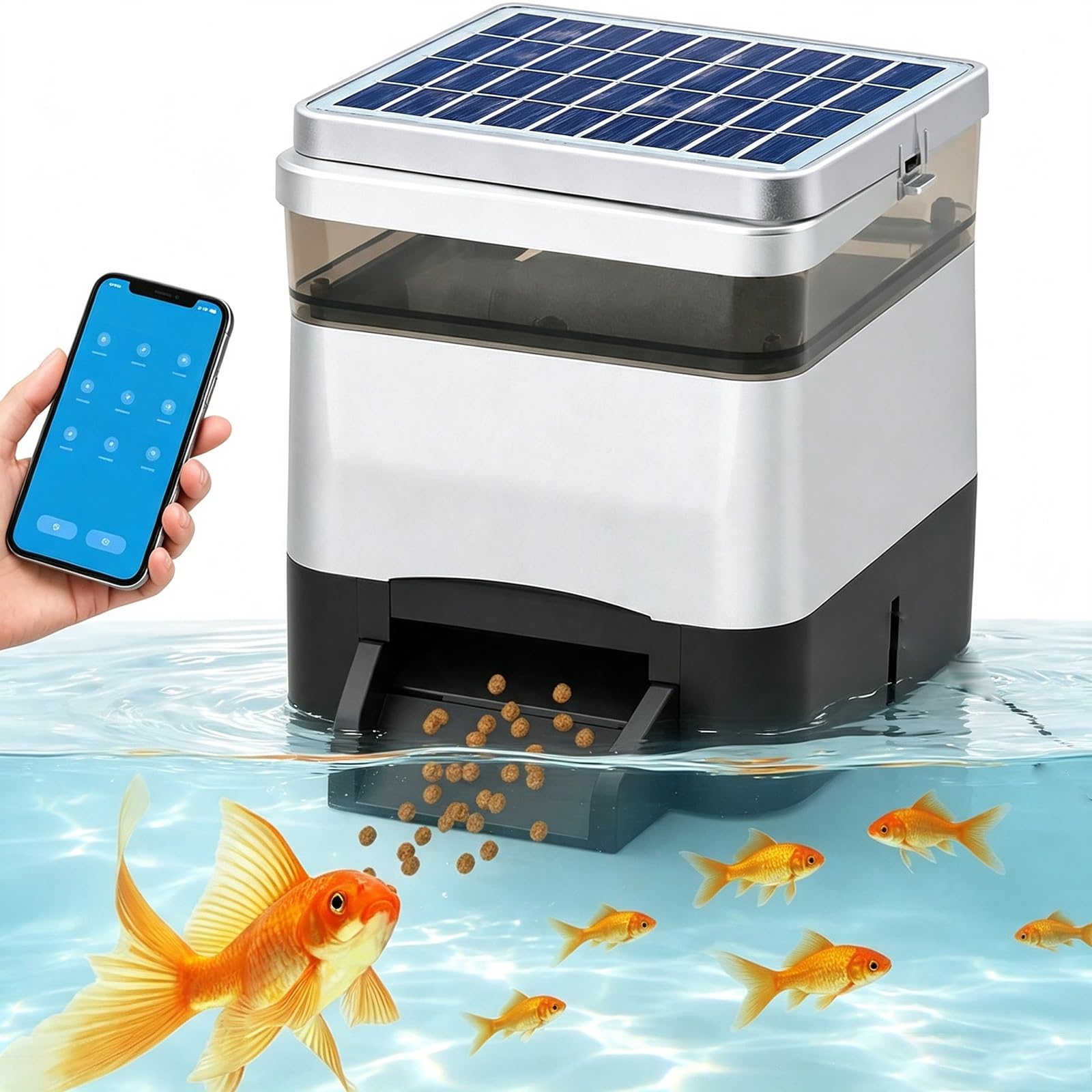 Automatischer Fischfutterautomat (4L+App-Steuerung) | Solarbetrieben – Zeitgesteuerte Fütterung, 5 Portionseinstellungen, For 1–12 Mm Pellets, For Gartenteiche(Silver)
