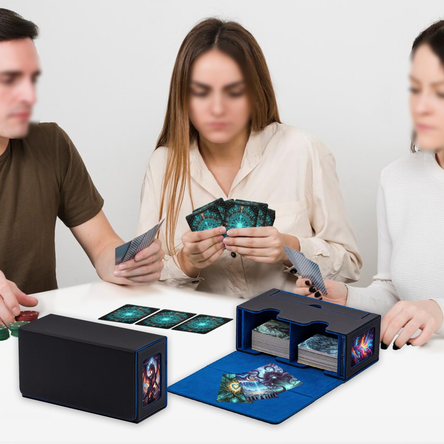 Boîte à Cartes Double Couche pour MTG, avec Tiroir pour Dés, 2 Fenêtres D'affichage Latérale, Magnetic Deck Box Contenir à 300+ Cartes pour Commander TCG Cartes à Collectionner - Bleu Noir