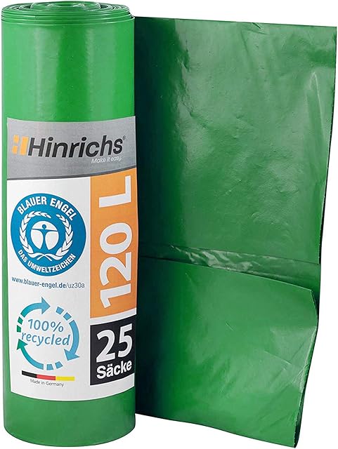 Hinrichs Worki na śmieci 120 l, bardzo odporne na rozerwanie, rolka 25 sztuk, worki na śmieci XXL, 70 μ, 700 x 1100 mm, LDPE  idealne usuwanie śmieci do gospodarstwa domowego, ogrodu, certyfikat Blauer Engel (zielone)