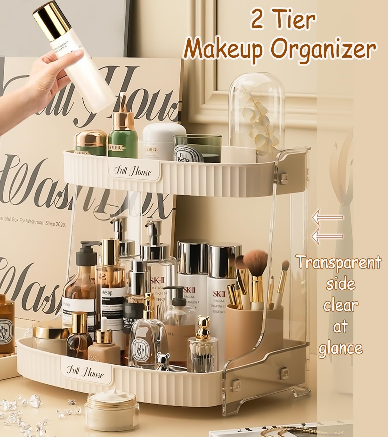 VNIMTI Skincare Organizers 2 Tier, Makeup Organizer Countertop, Cosmetic Display Cases, Makeup?Skincare Organizer for Vanity, Desktop, Bathroon, Ideal Gifts for Women (Beige-2 Tier)