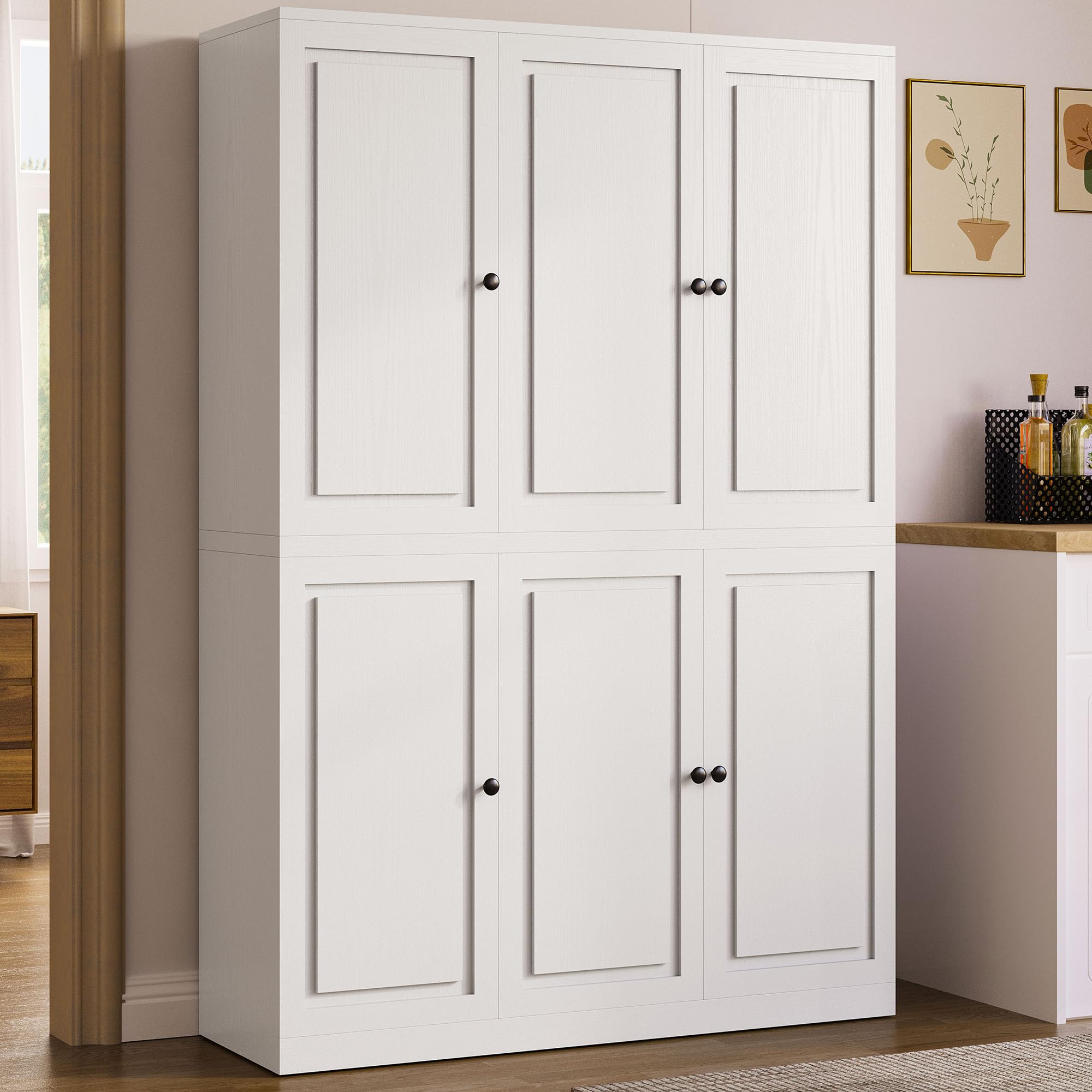 IRONCK Kitchen Pantry Storage Cabinet with 6 Doors, 8 Shelves, Freestanding Cupboard for Dining Room Living Room, 47.2" W x 69" H White