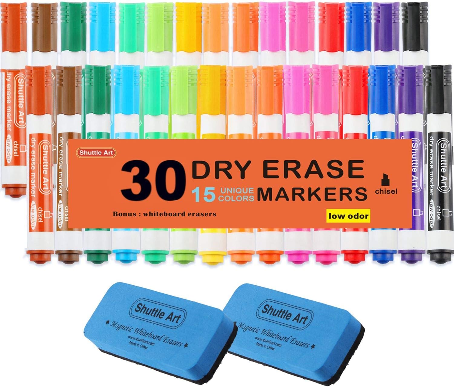 Shuttle Art Dry Erase Markers with Eraser, 30 Pack 15 Colours White