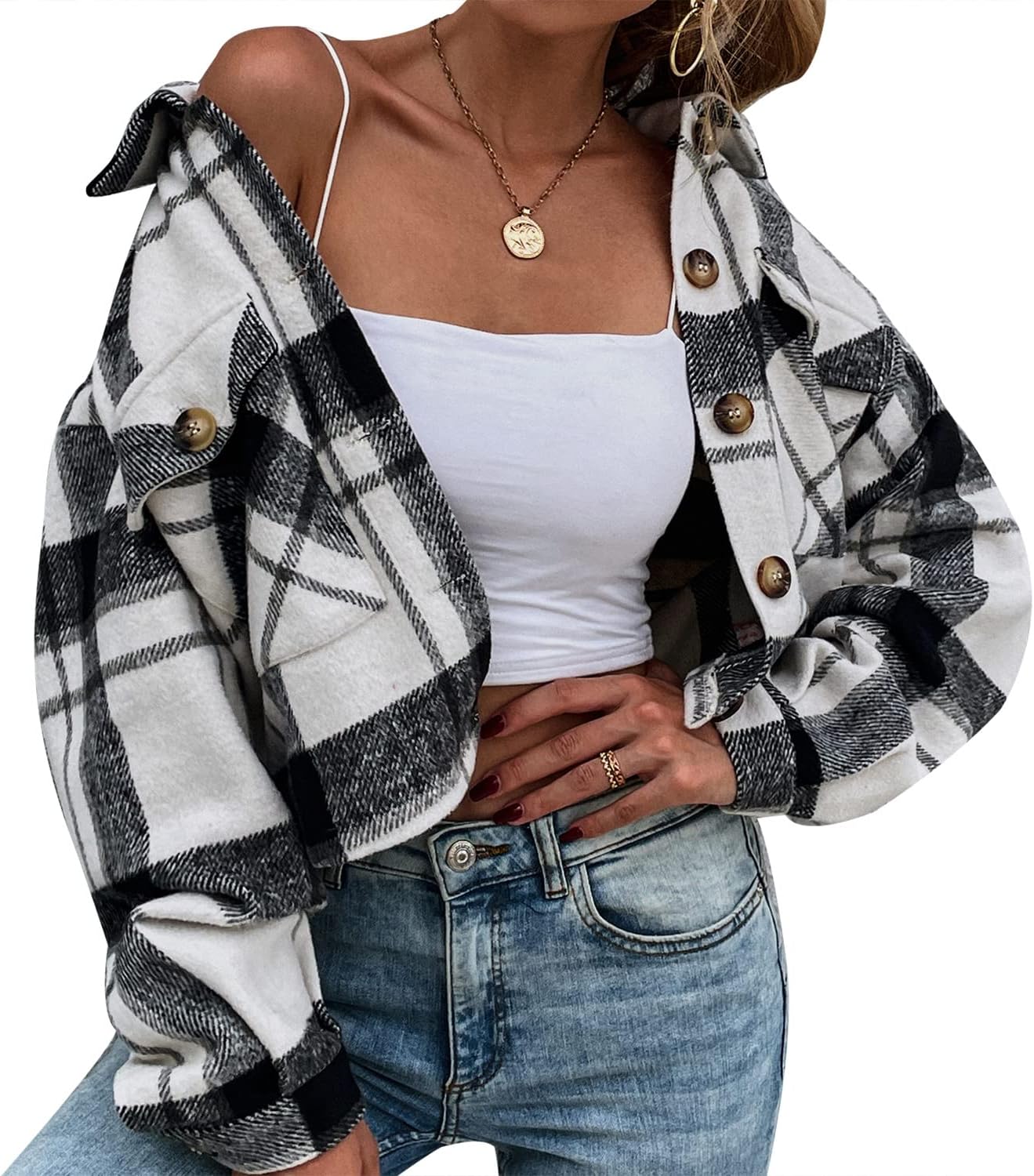 Gihuo Women's Fashion Cropped Shacket Button Down Corduroy Shacket Jackets Casual Plaid Long Sleeve Crop Jackets Tops