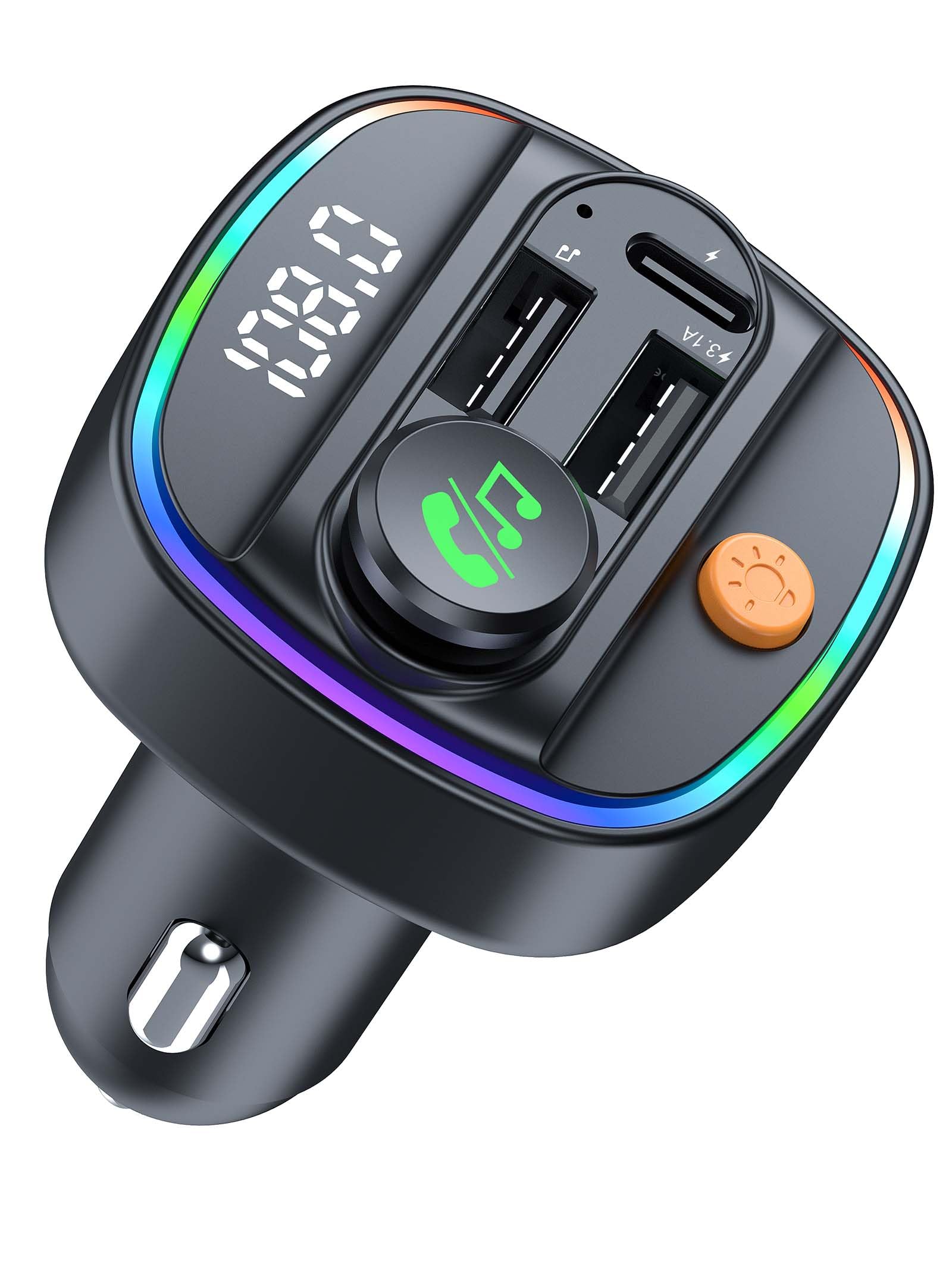 Bluetooth 5.3 FM Transmitter for Car, Wireless Car Adapter with Hands-Free Calling, Navigation Announcement, USB/AUX Playback, Dual USB & Type-C Fast Charging, for iPhone/Android/Smartphones
