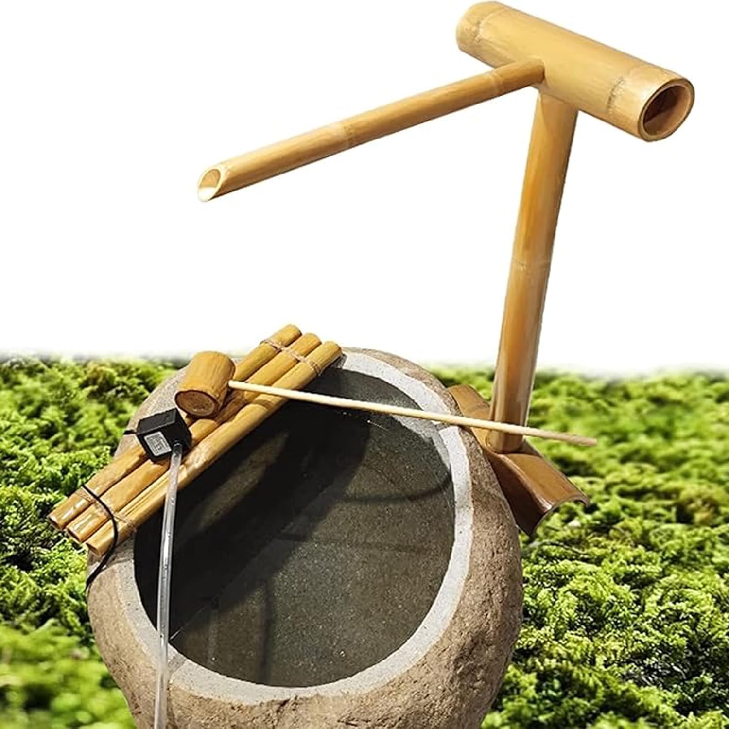 Solar Bamboo Water Fountain for Outdoors, Japanese Zen Garden Water Feature, Backyard Pond Fountain, Patio Fish Pond Decor, with Bamboo Raft and Ladles, 24in(60cm)