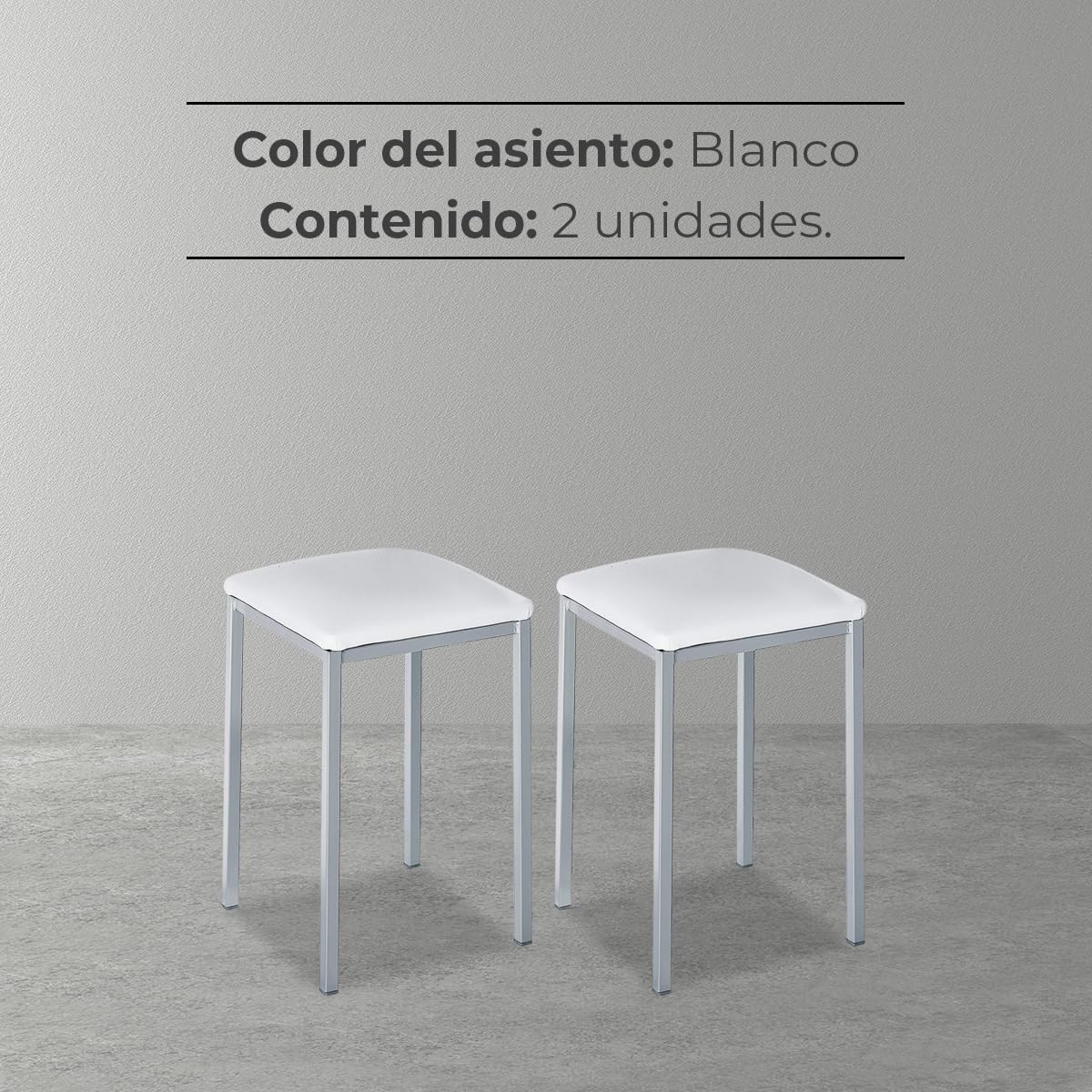ASTIMESA TACUBL Dos Taburetes de Cocina Modelo Cuadrado Polipiel Blanco Estructura de Metal Blanco, Altura de Asiento: 45 cms