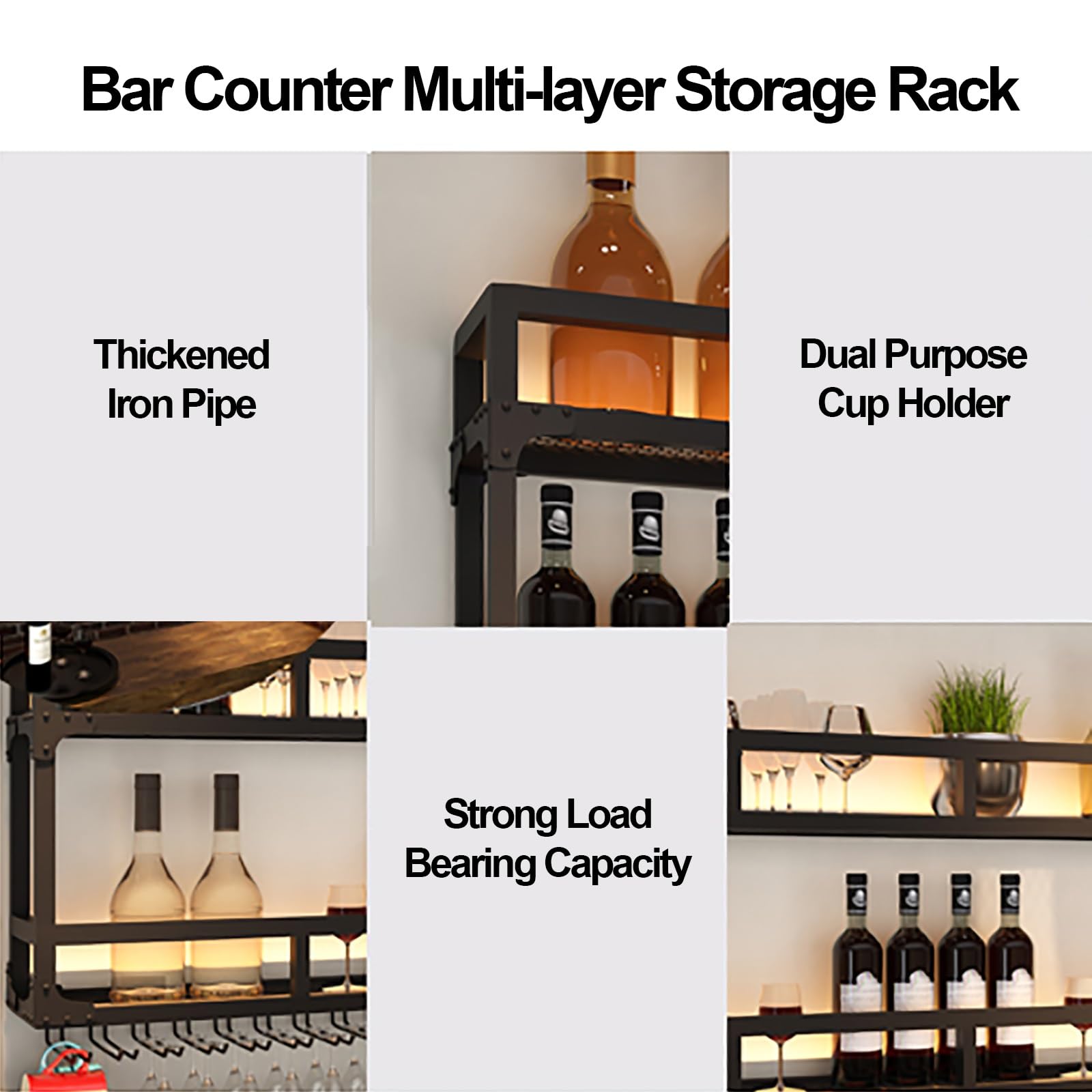 Porte-bouteilles Mural Industriel 3 étages En Fer – Rangement élégant Pour Vin Et Verres – Salon, Bar, Restaurant (120x15x80cm, Or)