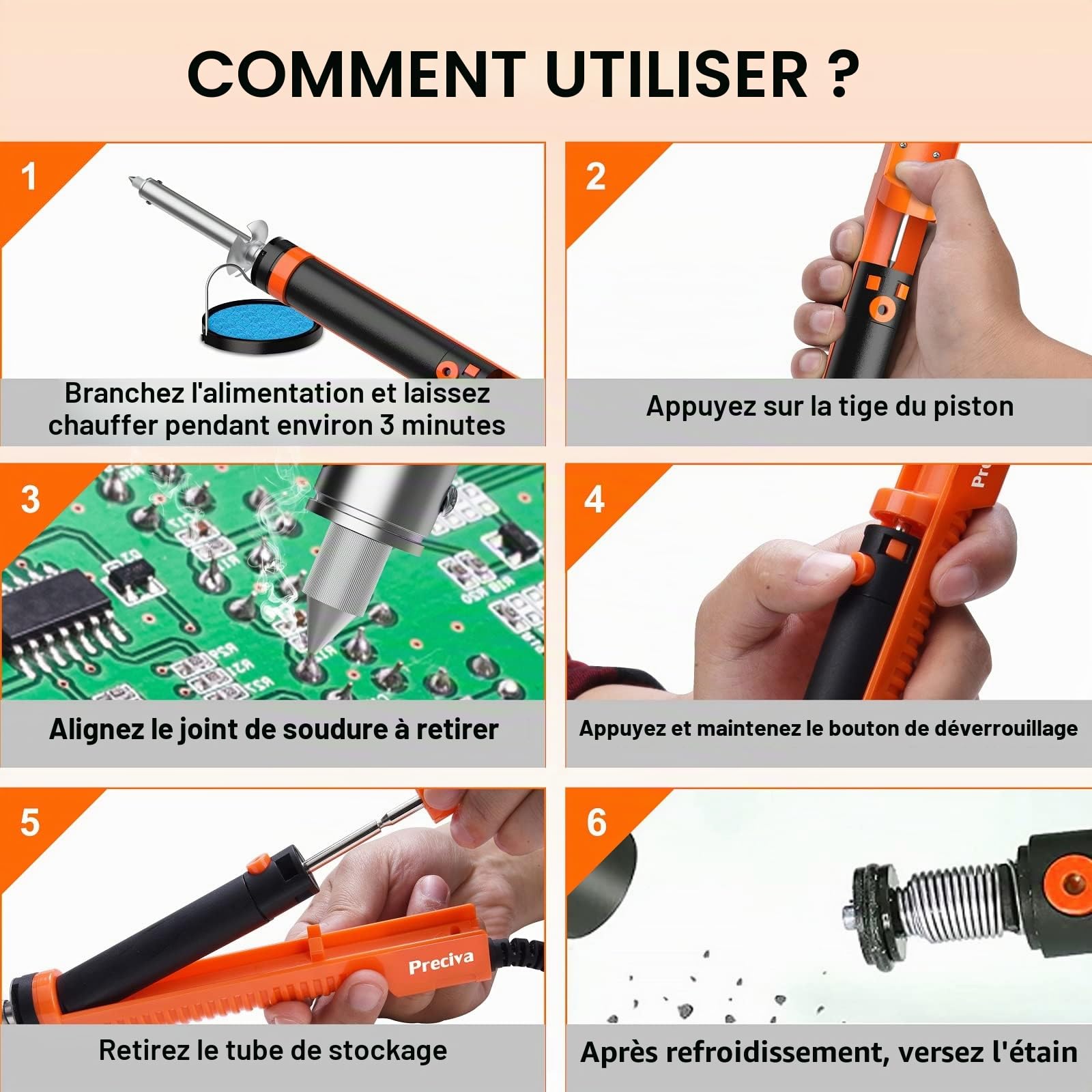 Preciva Pompe à Dessouder Electrique, Ventouse de Fer à Dessouder 30W, Fer à Souder avec Buses, Pompe à Dessouder pour Dessouder à Trou Traversant 1,0 mm 1,2 mm