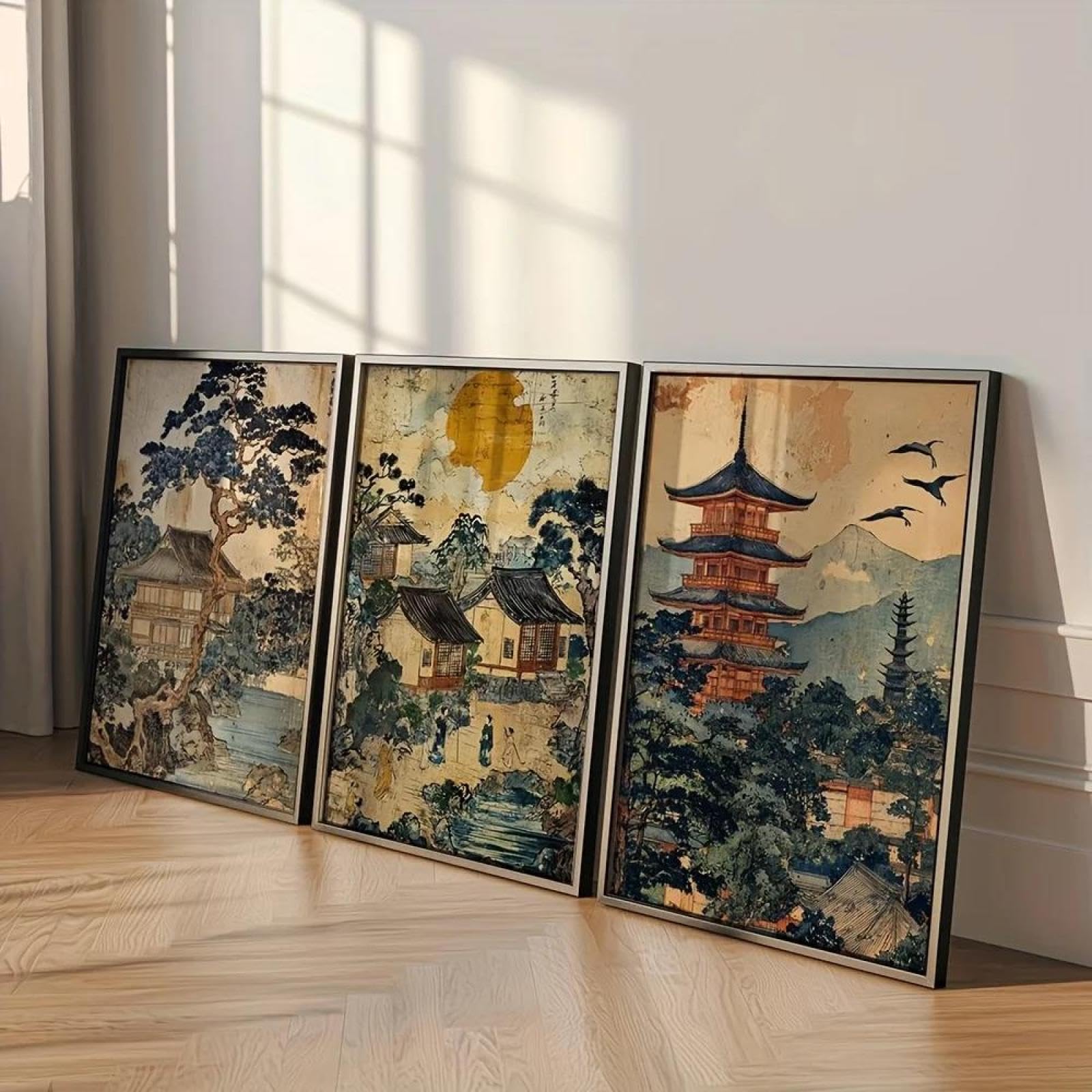 Baibexing Abstract Mountain Trees River Landscape Canvas Painting Poster Prints Wall Art Picture For Living Room Home Decor A2 50X70Cmx3Pcs Unframed