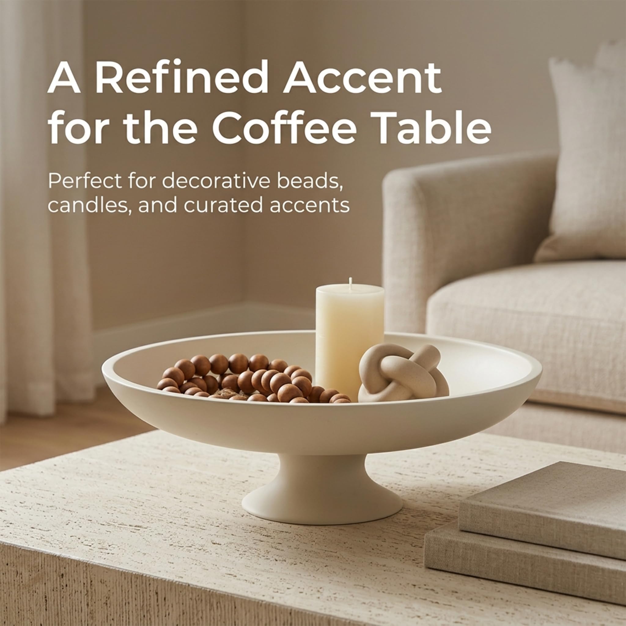 Cremefarbene Betonschale mit Fuß, 29 cm – Moderne Dekoschale & Obstschale, große Schlüsselschale und Ablage für Küche, Flur, Wohnzimmer, Couchtisch und Esstisch