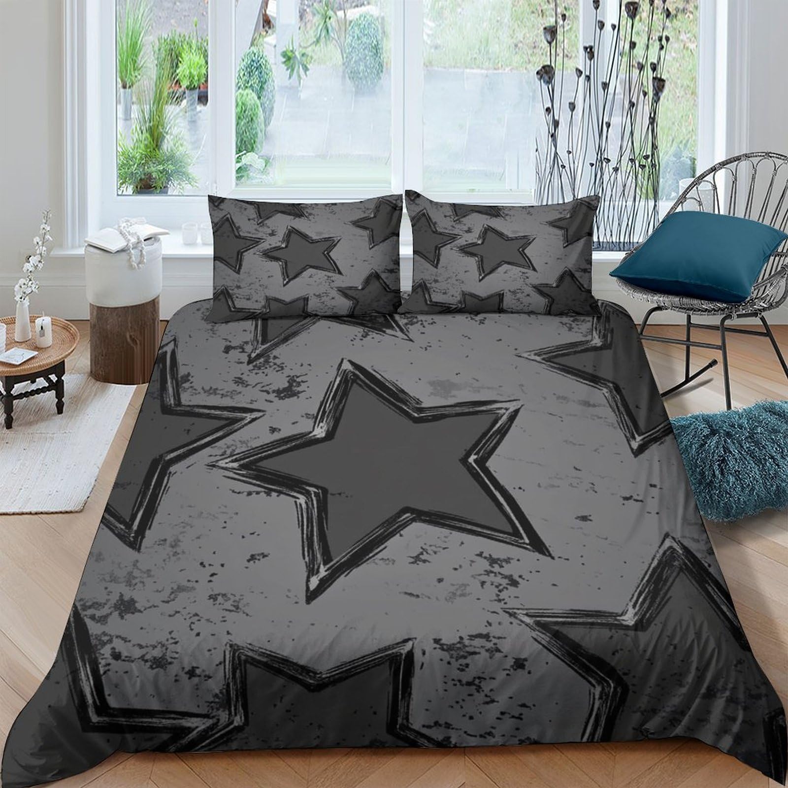 Ctjqhvkz Style-3 3D Printed Black Star Pattern Fitted Sheet Microfiber Grey Urban Graffiti Mattress Cover Non-Slip Washable For Bedroom Guestroom Single（135X200cm）
