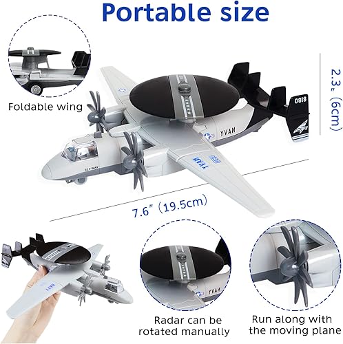 Miniatura 6 de CORPER TOYS Avión fundido a presión, modelo de avión de juguete de advertencia temprana con sonido y luz azul marino Hawkeye de ataque de tracción