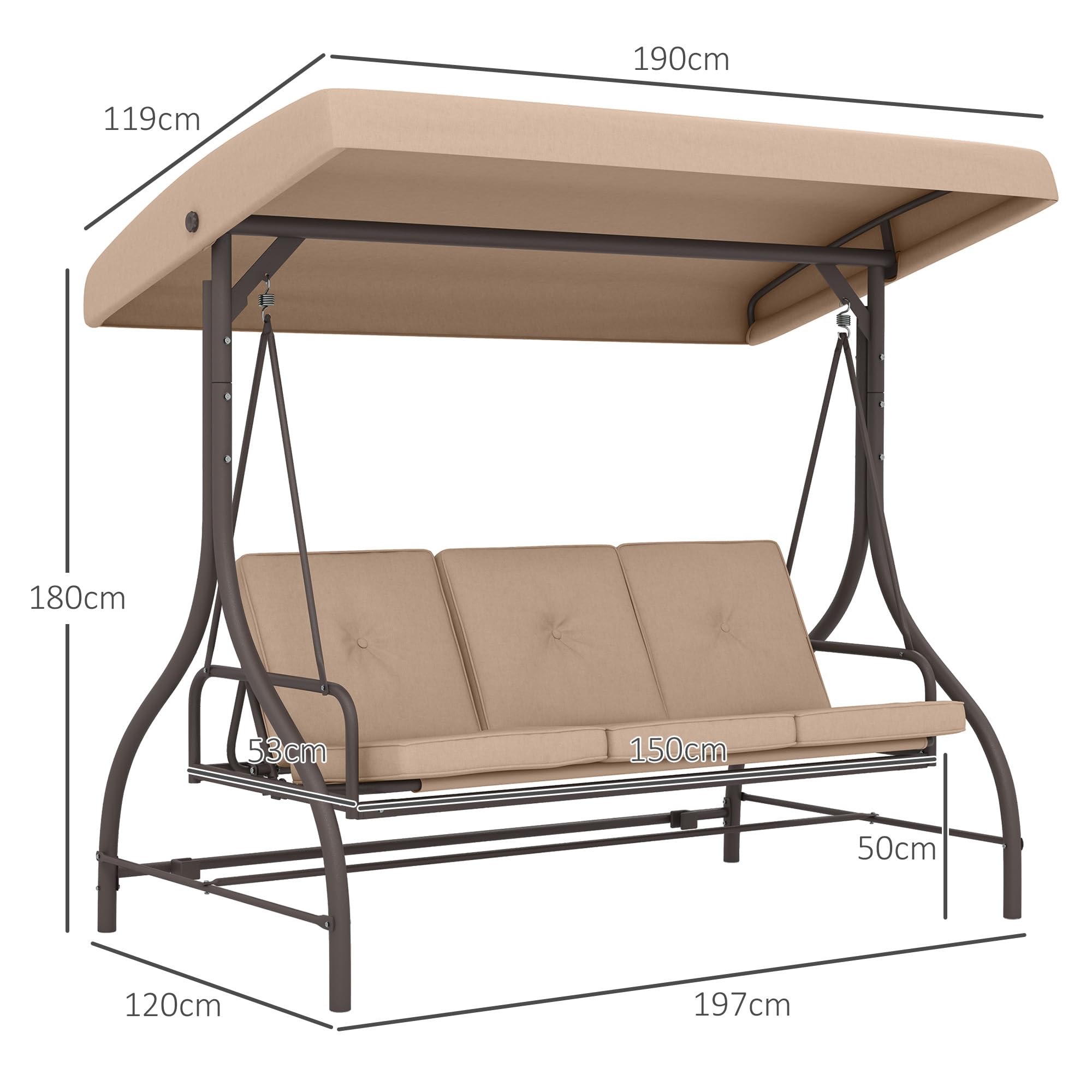 Outsunny Balancelle de Jardin Convertible 3 Places Grand Confort avec Coussins Toit réglable dim. 197L x 120l x 180H cm métal Polyester Kaki