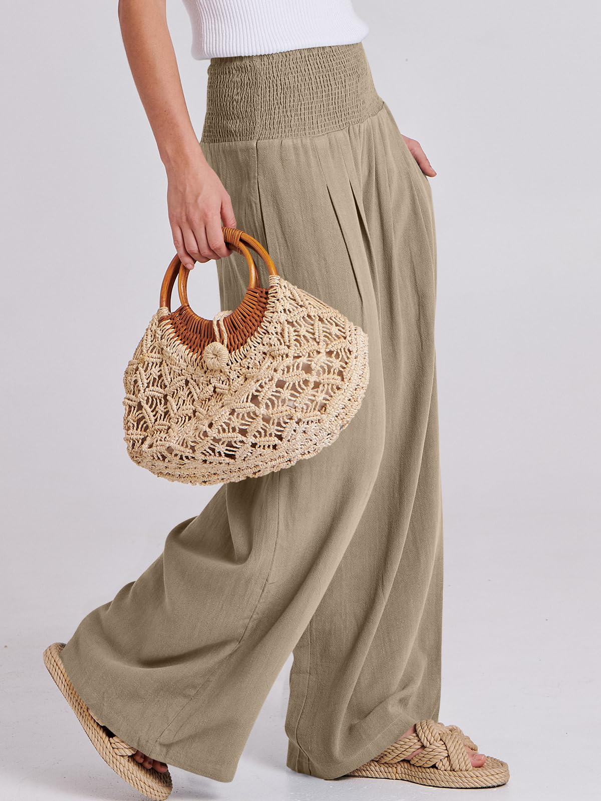 ANRABESS Women Linen Palazzo Pants Summer Boho Wide Leg High Waist Casual Lounge Pant 2025 Beach Travel Vacation Outfits: Brown Small