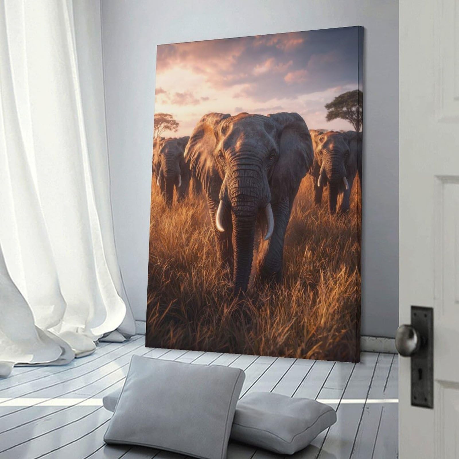 Junmoney Frame-Style-15 Elephant Herd At Sunset Canvas Wall Art, 24X36inch(60X90cm), For Living Room, Bedroom Or Apartment Walls, Decorative Artwork For Empty Walls