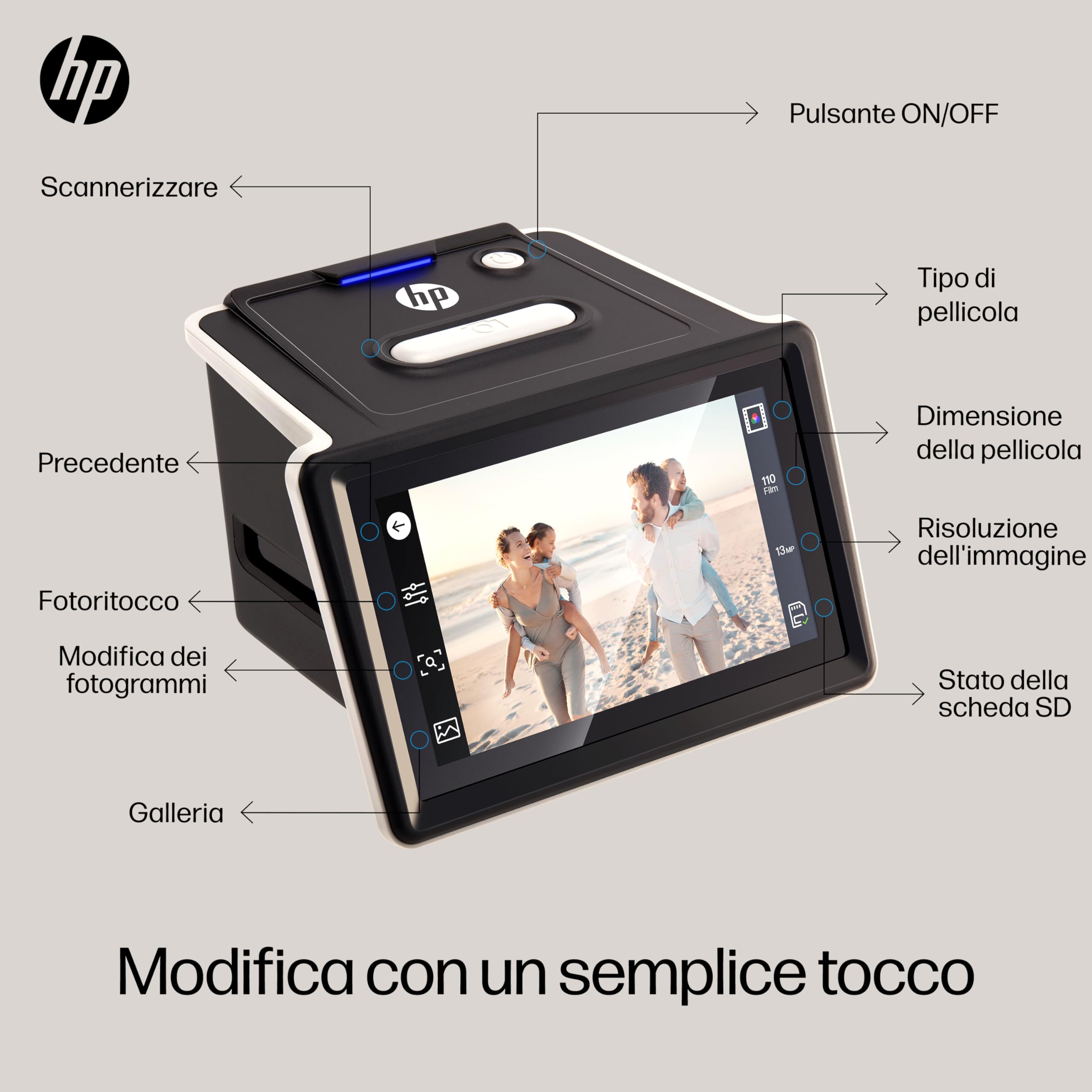 HP FilmScan Touch Screen Scanner Pellicole Diapositive Schermo LCD 5" 22MP 135 126 110