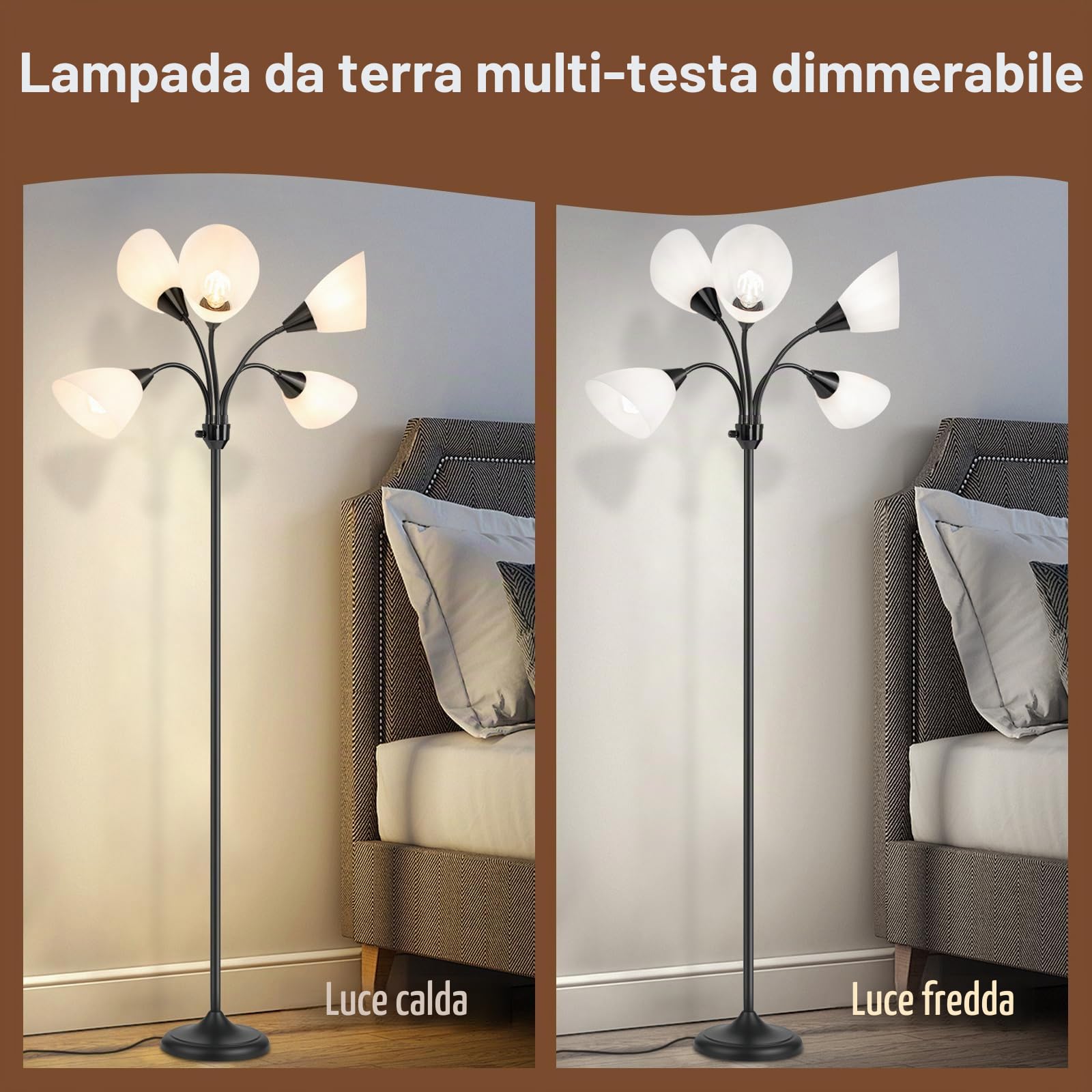 HonoDing Medusa Lampada da terra Lampade da terra 5 teste luce di lettura regolabile Grande paralume Usa E27 Lampade da terra per soggiorno camera da letto (Nero)